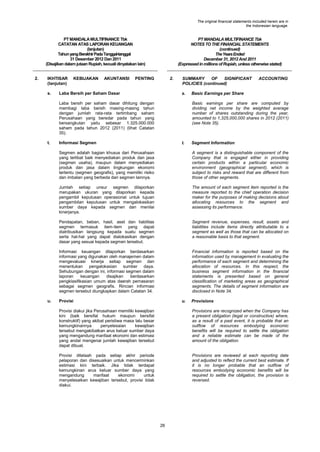 The original financial statements included herein are in
the Indonesian language.

PT MANDALA MULTIFINANCE Tbk
CATATAN ATAS LAPORAN KEUANGAN
(lanjutan)
Tahun yang Berakhir Pada Tanggal-tanggal
31 Desember 2012 Dan 2011
(Disajikan dalam jutaan Rupiah, kecuali dinyatakan lain)
2.

IKHTISAR
(lanjutan)
s.

KEBIJAKAN

AKUNTANSI

PT MANDALA MULTIFINANCE Tbk
NOTES TO THE FINANCIAL STATEMENTS
(continued)
The Years Ended
December 31, 2012 And 2011
(Expressed in millions of Rupiah, unless otherwise stated)

PENTING

2.

Laba Bersih per Saham Dasar

SUMMARY
OF
SIGNIFICANT
POLICIES (continued)
s.

Laba bersih per saham dasar dihitung dengan
membagi laba bersih masing-masing tahun
dengan jumlah rata-rata tertimbang saham
Perusahaan yang beredar pada tahun yang
bersangkutan yaitu sebesar 1.325.000.000
saham pada tahun 2012 (2011) (lihat Catatan
35).
t.

ACCOUNTING

Basic Earnings per Share
Basic earnings per share are computed by
dividing net income by the weighted average
number of shares outstanding during the year,
amounted to 1,325,000,000 shares in 2012 (2011)
(see Note 35).

Informasi Segmen

t.

Segment Information

Segmen adalah bagian khusus dari Perusahaan
yang terlibat baik menyediakan produk dan jasa
(segmen usaha), maupun dalam menyediakan
produk dan jasa dalam lingkungan ekonomi
tertentu (segmen geografis), yang memiliki risiko
dan imbalan yang berbeda dari segmen lainnya.
Jumlah setiap unsur segmen dilaporkan
merupakan ukuran yang dilaporkan kepada
pengambil keputusan operasional untuk tujuan
pengambilan keputusan untuk mengalokasikan
sumber daya kepada segmen dan menilai
kinerjanya.

The amount of each segment item reported is the
measure reported to the chief operation decision
maker for the purposes of making decisions about
allocating resources to the segment and
assessing its performance.

Pendapatan, beban, hasil, aset dan liabilitas
segmen termasuk item-item yang dapat
diatribusikan langsung kepada suatu segmen
serta hal-hal yang dapat dialokasikan dengan
dasar yang sesuai kepada segmen tersebut.

Segment revenue, expenses, result, assets and
liabilities include items directly attributable to a
segment as well as those that can be allocated on
a reasonable basis to that segment.

Informasi keuangan dilaporkan berdasarkan
informasi yang digunakan oleh manajemen dalam
mengevaluasi kinerja setiap segmen dan
menentukan pengalokasian sumber daya.
Sehubungan dengan ini, informasi segmen dalam
laporan
keuangan
disajikan
berdasarkan
pengklasifikasian umum atas daerah pemasaran
sebagai segmen geografis. Rincian informasi
segmen tersebut diungkapkan dalam Catatan 34.
u.

A segment is a distinguishable component of the
Company that is engaged either in providing
certain products within a particular economic
environment (geographical segment), which is
subject to risks and reward that are different from
those of other segments.

Financial information is reported based on the
information used by management in evaluating the
performance of each segment and determining the
allocation of resources. In this respect, the
business segment information in the financial
statements is presented based on general
classification of marketing areas as geographical
segments. The details of segment information are
disclosed in Note 34.

Provisi

u.

Provisions

Provisi diakui jika Perusahaan memiliki kewajiban
kini (baik bersifat hukum maupun bersifat
konstruktif) yang akibat peristiwa masa lalu besar
kemungkinannya
penyelesaian
kewajiban
tersebut mengakibatkan arus keluar sumber daya
yang mengandung manfaat ekonomi dan estimasi
yang andal mengenai jumlah kewajiban tersebut
dapat dibuat.

Provisions are recognized when the Company has
a present obligation (legal or constructive) where,
as a result of a past event, it is probable that an
outflow of resources embodying economic
benefits will be required to settle the obligation
and a reliable estimate can be made of the
amount of the obligation.

Provisi ditelaah pada setiap akhir periode
pelaporan dan disesuaikan untuk mencerminkan
estimasi kini terbaik. Jika tidak terdapat
kemungkinan arus keluar sumber daya yang
mengandung
manfaat
ekonomi
untuk
menyelesaikan kewajiban tersebut, provisi tidak
diakui.

Provisions are reviewed at each reporting date
and adjusted to reflect the current best estimate. If
it is no longer probable that an outflow of
resources embodying economic benefits will be
required to settle the obligation, the provision is
reversed.

26

 