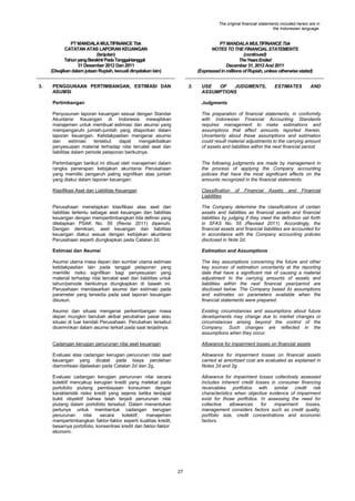 The original financial statements included herein are in
the Indonesian language.

PT MANDALA MULTIFINANCE Tbk
CATATAN ATAS LAPORAN KEUANGAN
(lanjutan)
Tahun yang Berakhir Pada Tanggal-tanggal
31 Desember 2012 Dan 2011
(Disajikan dalam jutaan Rupiah, kecuali dinyatakan lain)
3.

PT MANDALA MULTIFINANCE Tbk
NOTES TO THE FINANCIAL STATEMENTS
(continued)
The Years Ended
December 31, 2012 And 2011
(Expressed in millions of Rupiah, unless otherwise stated)

PENGGUNAAN PERTIMBANGAN, ESTIMASI DAN
ASUMSI

3.

USE
OF
JUDGMENTS,
ASSUMPTIONS

ESTIMATES

AND

Pertimbangan

Judgments

Penyusunan laporan keuangan sesuai dengan Standar
Akuntansi Keuangan di Indonesia mewajibkan
manajemen untuk membuat estimasi dan asumsi yang
mempengaruhi jumlah-jumlah yang dilaporkan dalam
laporan keuangan. Ketidakpastian mengenai asumsi
dan
estimasi
tersebut
dapat
mengakibatkan
penyesuaian material terhadap nilai tercatat aset dan
liabilitas dalam periode pelaporan berikutnya.

The preparation of financial statements, in conformity
with Indonesian Financial Accounting Standards
requires management to make estimations and
assumptions that affect amounts reported therein.
Uncertainty about these assumptions and estimation
could result material adjustments to the carrying amount
of assets and liabilities within the next financial period.

Pertimbangan berikut ini dibuat oleh manajemen dalam
rangka penerapan kebijakan akuntansi Perusahaan
yang memiliki pengaruh paling signifikan atas jumlah
yang diakui dalam laporan keuangan:

The following judgments are made by management in
the process of applying the Company accounting
policies that have the most significant effects on the
amounts recognized in the financial statements:

Klasifikasi Aset dan Liabilitas Keuangan

Classification
Liabilities

Perusahaan menetapkan klasifikasi atas aset dan
liabilitas tertentu sebagai aset keuangan dan liabilitas
keuangan dengan mempertimbangkan bila definisi yang
ditetapkan PSAK No. 55 (Revisi 2011) dipenuhi.
Dengan demikian, aset keuangan dan liabilitas
keuangan diakui sesuai dengan kebijakan akuntansi
Perusahaan seperti diungkapkan pada Catatan 2d.

The Company determine the classifications of certain
assets and liabilities as financial assets and financial
liabilities by judging if they meet the definition set forth
in SFAS No. 55 (Revised 2011). Accordingly, the
financial assets and financial liabilities are accounted for
in accordance with the Company accounting policies
disclosed in Note 2d.

Estimasi dan Asumsi

Estimation and Assumptions

Asumsi utama masa depan dan sumber utama estimasi
ketidakpastian lain pada tanggal pelaporan yang
memiliki risiko signifikan bagi penyesuaian yang
material terhadap nilai tercatat aset dan liabilitas untuk
tahun/periode berikutnya diungkapkan di bawah ini.
Perusahaan mendasarkan asumsi dan estimasi pada
parameter yang tersedia pada saat laporan keuangan
disusun.

The key assumptions concerning the future and other
key sources of estimation uncertainty at the reporting
date that have a significant risk of causing a material
adjustment to the carrying amounts of assets and
liabilities within the next financial year/period are
disclosed below. The Company based its assumptions
and estimates on parameters available when the
financial statements were prepared.

Asumsi dan situasi mengenai perkembangan masa
depan mungkin berubah akibat perubahan pasar atau
situasi di luar kendali Perusahaan. Perubahan tersebut
dicerminkan dalam asumsi terkait pada saat terjadinya.

Existing circumstances and assumptions about future
developments may change due to market changes or
circumstances arising beyond the control of the
Company. Such changes are reflected in the
assumptions when they occur.

Cadangan kerugian penurunan nilai aset keuangan

Allowance for impairment losses on financial assets

Evaluasi atas cadangan kerugian penurunan nilai aset
keuangan yang dicatat pada biaya perolehan
diamortisasi dijelaskan pada Catatan 2d dan 2g.

Allowance for impairment losses on financial assets
carried at amortized cost are evaluated as explained in
Notes 2d and 2g.

Evaluasi cadangan kerugian penurunan nilai secara
kolektif mencakup kerugian kredit yang melekat pada
portofolio piutang pembiayaan konsumen dengan
karakteristik risiko kredit yang sejenis ketika terdapat
bukti obyektif bahwa telah terjadi penurunan nilai
piutang dalam portofolio tersebut. Dalam menentukan
perlunya untuk membentuk cadangan kerugian
penurunan
nilai
secara
kolektif,
manajemen
mempertimbangkan faktor-faktor seperti kualitas kredit,
besarnya portofolio, konsentrasi kredit dan faktor-faktor
ekonomi.

Allowance for impairment losses collectively assessed
includes inherent credit losses in consumer financing
receivables portfolios with similar credit risk
characteristics when objective evidence of impairment
exist for those portfolios. In assessing the need for
collective
allowances
for
impairment
losses,
management considers factors such as credit quality,
portfolio size, credit concentrations and economic
factors.

27

of

Financial

Assets

and

Financial

 