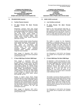 The original financial statements included herein are in
the Indonesian language.

PT MANDALA MULTIFINANCE Tbk
CATATAN ATAS LAPORAN KEUANGAN
(lanjutan)
Tahun yang Berakhir Pada Tanggal-tanggal
31 Desember 2012 Dan 2011
(Disajikan dalam jutaan Rupiah, kecuali dinyatakan lain)
12.

PT MANDALA MULTIFINANCE Tbk
NOTES TO THE FINANCIAL STATEMENTS
(continued)
The Years Ended
December 31, 2012 And 2011
(Expressed in millions of Rupiah, unless otherwise stated)

PINJAMAN BANK (lanjutan)

12.

A.

Fasilitas Pinjaman (lanjutan)

6.

PT Bank
(lanjutan)

Permata

Tbk

BANK LOANS (continued)
A.

(Bank

6.

Permata)

Loan Facilities (continued)
PT Bank Permata
(continued)

Tbk

(Bank

Permata)

Berdasarkan perjanjian kredit pada tanggal
31 Mei 2012, Perusahaan memperoleh Fasilitas
Money Market dengan jumlah maksimum sebesar
Rp 200.000. Fasilitas ini mempunyai jangka
waktu kredit sampai dengan tanggal 31
Desember 2012 atau sampai dengan 1 (satu)
minggu setelah penerbitan obligasi. Saldo
pinjaman tersebut sudah dilunasi seluruhnya
pada bulan Juli 2012.
Fasilitas ini dijamin dengan piutang Perusahaan
senilai fasilitas pembiayaan, jaminan pribadi dari
pihak berelasi dan jaminan Perusahaan dari
JMG.
Selain
itu,
Perusahaan
wajib
memberitahukan secara tertulis kepada Bank
Permata,
antara
lain,
untuk
melakukan
perubahan
anggaran
dasar,
perubahan
pemegang saham, melakukan pembubaran,
merger dan atau konsolidasi.

This facility is secured by the Company‟s
receivables at outstanding amount of this loan
facility, personal guarantee from related party and
corporate guarantee from JMG. Moreover, the
Company is obliged to inform Bank Permata in
writing, among others, in case there are changes in
the Company‟s article of association, the changes
in shareholders‟, enters into liquidation, merger
and or consolidation.

Pada tanggal 31 Desember 2012 (2011),
Perusahaan telah mematuhi seluruh persyaratan
penting tersebut di atas.
7.

Based on the credit agreement dated May 31,
2012, Company obtained Money Market Facility
with maximum amount to Rp 200,000. The term of
this credit facility is up to December 31, 2012 or up
to one (1) week after the bonds issued. On July
2012, all of outstanding loan has been fully repaid.

As of December 31, 2012 (2011), the Company
has complied with all important loan covenants
above.

PT Bank CIMB Niaga Tbk (Bank CIMB Niaga)

7.

PT Bank CIMB Niaga Tbk (Bank CIMB Niaga)

Pada tanggal 1 September 2010 dan
23 Desember 2010, Perusahaan memperoleh
fasilitas pinjaman transaksi khusus dari Bank
CIMB Niaga dengan jumlah fasilitas maksimum
masing-masing sebesar Rp 100.000 dengan
jangka waktu fasilitas 36 (tiga puluh enam) bulan
sejak tanggal penandatanganan perjanjian.
Fasilitas ini dikenakan bunga per tahun masingmasing sebesar 11,75% dan 12%. Saldo fasilitas
ini pada tanggal 31 Desember 2012 (2011)
sesuai dengan nilai kontrak adalah sebesar
Rp 72.500 (Rp 139.167).

On September 1, 2010 and December 23, 2010,
the Company obtained special transaction facility
from Bank CIMB Niaga with a maximum amount
of Rp 100,000, respectively, with the term of
withdrawal thirty-six (36) months since the
agreement is signed. This facility bears annual
interest rate of 11.75% and 12%. As of
December 31, 2012 (2011) the balance of this
facility, based on the contract value is amounted
to Rp 72,500 (Rp 139,167).

Fasilitas ini dijamin secara fidusia dengan
kendaraan bermotor yang dibiayai dengan jumlah
minimum 110% dari jumlah outstanding. Selama
masa berlakunya perjanjian tersebut, antara lain
Perusahaan harus mempertahankan rasio utang
terhadap ekuitas maksimum sebesar 8 (delapan)
kali, rasio likuiditas minimum 1 (satu) kali dan non
performing loan maksimum 5% dari total
pembiayaan konsumen.

This facility is secured by fiduciary guarantee of
the financed motor vehicles with minimum amount
110% of outstanding loan. While the loan is still
outstanding, the Company is obliged to maintain
maximum debt to equity ratio of eight (8) times,
minimum liquidity ratio of one (1) time and non
performing loan at maximum 5% from the total of
consumers financing.

Pada tanggal 31 Desember 2012 (2011),
Perusahaan telah mematuhi seluruh persyaratan
penting tersebut di atas.

As of December 31, 2012 (2011), the Company
has complied with all important loan covenants
above.

46

 