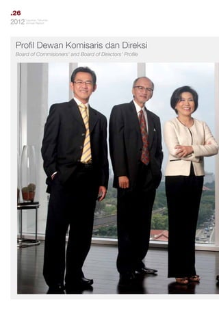 .26
Tahunan
2012 LaporanReport
Annual

Profil Dewan Komisaris dan Direksi
Board of Commisioners’ and Board of Directors’ Profile

 