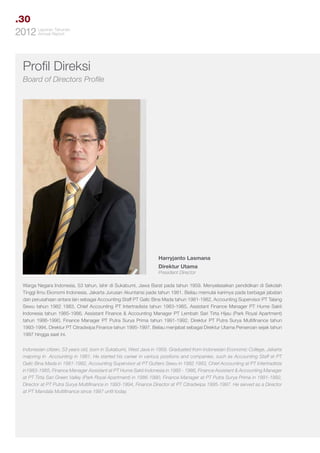 .30
Tahunan
2012 LaporanReport
Annual

Profil Direksi
Board of Directors Profile

Harryjanto Lasmana
Direktur Utama
President Director

Warga Negara Indonesia, 53 tahun, lahir di Sukabumi, Jawa Barat pada tahun 1959. Menyelesaikan pendidikan di Sekolah
Tinggi llmu Ekonomi Indonesia, Jakarta Jurusan Akuntansi pada tahun 1981. Beliau memulai karimya pada berbagai jabatan
dan perusahaan antara lain sebagai Accounting Staff PT Galic Bina Mada tahun 1981-1982, Accounting Supervisor PT Talang
Sewu tahun 1982 1983, Chief Accounting PT Intertradista tahun 1983-1985, Assistant Finance Manager PT Hume Sakti
Indonesia tahun 1985-1986, Assistant Finance & Accounting Manager PT Lembah Sari Tirta Hijau (Park Royal Apartment)
tahun 1986-1990, Finance Manager PT Putra Surya Prima tahun 1991-1992, Direktur PT Putra Surya Multifinance tahun
1993-1994, Direktur PT Citradwipa Finance tahun 1995-1997. Beliau menjabat sebagai Direktur Utama Perseroan sejak tahun
1997 hingga saat ini.
Indonesian citizen, 53 years old, born in Sukabumi, West Java in 1959. Graduated from Indonesian Economic College, Jakarta
majoring in Accounting in 1981. He started his career in various positions and companies, such as Accounting Staff at PT
Galic Bina Mada in 1981-1982, Accounting Supervisor at PT Gutters Sewu in 1982 1983, Chief Accounting at PT Intertradista
in1983-1985, Finance Manager Assistant at PT Hume Sakti Indonesia in 1985 - 1986, Finance Assistant & Accounting Manager
at PT Tirta Sari Green Valley (Park Royal Apartment) in 1986-1990, Finance Manager at PT Putra Surya Prima in 1991-1992,
Director at PT Putra Surya Multifinance in 1993-1994, Finance Director at PT Citradwipa 1995-1997. He served as a Director
at PT Mandala Multifinance since 1997 until today.

 