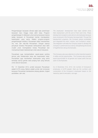 33.
Laporan Tahunan
Annual Report

2012

Pengembangan karyawan dimulai sejak saat penerimaan
karyawan baru hingga masa akhir kerja. Program
pengembangan ini dilakukan untuk semua karyawan karena
setiap karyawan di Perusahaan berhak mendapatkan
kesempatan yang sama. Melalui program-program
pengembangan tersebut, Perusahaan selalu menanamkan
visi, misi, dan nilai-nilai Perusahaan. Dengan adanya
penyatuan tersebut Perusahaan berkeyakinan akan lebih
mudah untuk meningkatkan kinerja Perusahaan dan
memperkuat ikatan kebersamaan antar seluruh karyawan.

The employees’ development have been started since
their employment until the end of their work time. These
development programs were done to all employees because
every employee in the Company has equal right. Through the
development programs, the Company always embedded
and integrated the vision, mission, and Company’s values.
The integration will make the Company easier to develop the
Company’s performance as well as strengthening the bonds
of togetherness along all employees.

Perusahaan juga memperhatikan aspek-aspek penting
lainnya yaitu keselamatan kerja dan kesempatan kerja.
Perusahaan juga memberikan kesempatan yang sama
terhadap semua gender serta jenjang karir yang terbuka
untuk seluruh karyawan.

The Company also pays attention to other important aspects
in safety and job opportunities. The Company also provides
equal opportunities for all gender and career paths that are
open to all employees.

Per 31 Desember 2012, jumlah karyawan Perusahaan
adalah 8.279 orang. Berikut adalah jumlah dan komposisi
karyawan Perusahaan berdasarkan jenjang jabatan, tingkat
pendidikan, dan usia:

As of December 31st, 2012, the number of Company’s
employees is 8,279 people. Here are the numbers and
composition of the Company’s employees based on the
hierarchy, level of education, and age:

 