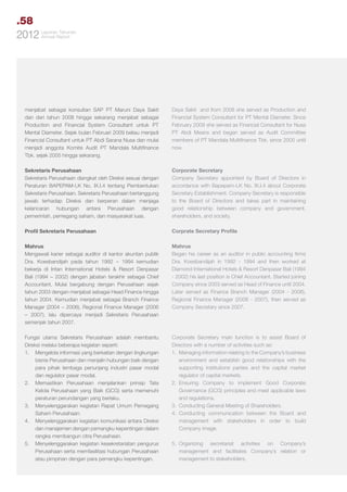 .58
Tahunan
2012 LaporanReport
Annual

menjabat sebagai konsultan SAP PT Maruni Daya Sakti
dan dari tahun 2008 hingga sekarang menjabat sebagai
Production and Financial System Consultant untuk PT
Mental Diameter. Sejak bulan Februari 2009 beliau menjadi
Financial Consultant untuk PT Abdi Sarana Nusa dan mulai
menjadi anggota Komite Audit PT Mandala Multifinance
Tbk. sejak 2005 hingga sekarang.

Daya Sakti and from 2008 she served as Production and
Financial System Consultant for PT Mental Diameter. Since
February 2009 she served as Financial Consultant for Nusa
PT Abdi Means and began served as Audit Committee
members of PT Mandala Multifinance Tbk. since 2005 until
now.

Sekretaris Perusahaan
Sekretaris Perusahaan diangkat oleh Direksi sesuai dengan
Peraturan BAPEPAM-LK No. IX.I.4 tentang Pembentukan
Sekretaris Perusahaan. Sekretaris Perusahaan bertanggung
jawab terhadap Direksi dan berperan dalam menjaga
kelancaran hubungan antara Perusahaan dengan
pemerintah, pemegang saham, dan masyarakat luas.

Corporate Secretary
Company Secretary appointed by Board of Directors in
accordance with Bapepam-LK No. IX.I.4 about Corporate
Secretary Establishment. Company Secretary is responsible
to the Board of Directors and takes part in maintaining
good relationship between company and government,
shareholders, and society.

Profil Sekretaris Perusahaan

Corprate Secretary Profile

Mahrus
Mengawali karier sebagai auditor di kantor akuntan publik
Dra. Koesbandijah pada tahun 1992 – 1994 kemudian
bekerja di Intan International Hotels & Resort Denpasar
Bali (1994 – 2002) dengan jabatan terakhir sebagai Chief
Accountant. Mulai bergabung dengan Perusahaan sejak
tahun 2003 dengan menjabat sebagai Head Finance hingga
tahun 2004. Kemudian menjabat sebagai Branch Finance
Manager (2004 – 2006), Regional Finance Manager (2006
– 2007), lalu dipercaya menjadi Sekretaris Perusahaan
semenjak tahun 2007.

Mahrus
Began his career as an auditor in public accounting firms
Dra. Koesbandijah in 1992 - 1994 and then worked at
Diamond International Hotels & Resort Denpasar Bali (1994
- 2002) his last position is Chief Accountant. Started joining
Company since 2003 served as Head of Finance until 2004.
Later served as Finance Branch Manager (2004 - 2006),
Regional Finance Manager (2006 - 2007), then served as
Company Secretary since 2007.

Fungsi utama Sekretaris Perusahaan adalah membantu
Direksi melalui beberapa kegiatan seperti:
1.	 Mengelola informasi yang berkaitan dengan lingkungan
bisnis Perusahaan dan menjalin hubungan baik dengan
para pihak lembaga penunjang industri pasar modal
dan regulator pasar modal.
2.	 Memastikan Perusahaan menjalankan prinsip Tata
Kelola Perusahaan yang Baik (GCG) serta memenuhi
peraturan perundangan yang berlaku.
3.	 Menyelenggarakan kegiatan Rapat Umum Pemegang
Saham Perusahaan.
4.	 Menyelenggarakan kegiatan komunikasi antara Direksi
dan manajemen dengan pemangku kepentingan dalam
rangka membangun citra Perusahaan.
5.	 Menyelenggarakan kegiatan kesekretariatan pengurus
Perusahaan serta memfasilitasi hubungan Perusahaan
atau pimpinan dengan para pemangku kepentingan.

Corporate Secretary main function is to assist Board of
Directors with a number of activities such as:
1.	 Managing information relating to the Company’s business
environment and establish good relationships with the
supporting institutions parties and the capital market
regulator of capital markets.
2.	
Ensuring Company to implement Good Corporate
Governance (GCG) principles and meet applicable laws
and regulations.
3.	 Conducting General Meeting of Shareholders.
4.	Conducting communication between the Board and
management with stakeholders in order to build
Company image.
5.	
Organizing secretariat activities on Company’s
management and facilitates Company’s relation or
management to stakeholders.

 