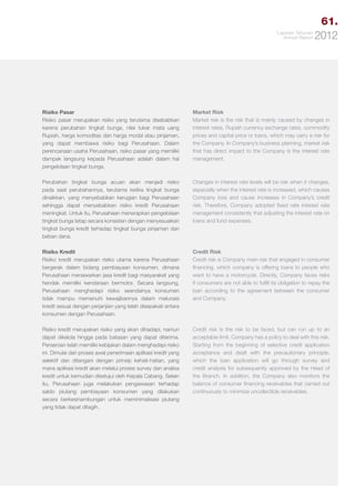 61.
Laporan Tahunan
Annual Report

2012

Risiko Pasar
Risiko pasar merupakan risiko yang terutama disebabkan
karena perubahan tingkat bunga, nilai tukar mata uang
Rupiah, harga komoditas dan harga modal atau pinjaman,
yang dapat membawa risiko bagi Perusahaan. Dalam
perencanaan usaha Perusahaan, risiko pasar yang memiliki
dampak langsung kepada Perusahaan adalah dalam hal
pengelolaan tingkat bunga.

Market Risk
Market risk is the risk that is mainly caused by changes in
interest rates, Rupiah currency exchange rates, commodity
prices and capital price or loans, which may carry a risk for
the Company. In Company’s business planning, market risk
that has direct impact to the Company is the interest rate
management.

Perubahan tingkat bunga acuan akan menjadi risiko
pada saat perubahannya, terutama ketika tingkat bunga
dinaikkan, yang menyebabkan kerugian bagi Perusahaan
sehingga dapat menyebabkan risiko kredit Perusahaan
meningkat. Untuk itu, Perusahaan menerapkan pengelolaan
tingkat bunga tetap secara konsisten dengan menyesuaikan
tingkat bunga kredit terhadap tingkat bunga pinjaman dan
beban dana.

Changes in interest rate levels will be risk when it changes,
especially when the interest rate is increased, which causes
Company loss and cause increases in Company’s credit
risk. Therefore, Company adopted fixed rate interest rate
management consistently that adjusting the interest rate on
loans and fund expenses.

Risiko Kredit
Risiko kredit merupakan risiko utama karena Perusahaan
bergerak dalam bidang pembiayaan konsumen, dimana
Perusahaan menawarkan jasa kredit bagi masyarakat yang
hendak memiliki kendaraan bermotor. Secara langsung,
Perusahaan menghadapi risiko seandainya konsumen
tidak mampu memenuhi kewajibannya dalam melunasi
kredit sesuai dengan perjanjian yang telah disepakati antara
konsumen dengan Perusahaan.

Credit Risk
Credit risk is Company main risk that engaged in consumer
financing, which company is offering loans to people who
want to have a motorcycle. Directly, Company faces risks
if consumers are not able to fulfill its obligation to repay the
loan according to the agreement between the consumer
and Company.

Risiko kredit merupakan risiko yang akan dihadapi, namun
dapat dikelola hingga pada batasan yang dapat diterima.
Perseroan telah memiliki kebijakan dalam menghadapi risiko
ini. Dimulai dari proses awal penerimaan aplikasi kredit yang
selektif dan ditangani dengan prinsip kehati-hatian, yang
mana aplikasi kredit akan melalui proses survey dan analisa
kredit untuk kemudian disetujui oleh Kepala Cabang. Selain
itu, Perusahaan juga melakukan pengawasan terhadap
saldo piutang pembiayaan konsumen yang dilakukan
secara berkesinambungan untuk meminimalisasi piutang
yang tidak dapat ditagih.

Credit risk is the risk to be faced, but can run up to an
acceptable limit. Company has a policy to deal with this risk.
Starting from the beginning of selective credit application
acceptance and dealt with the precautionary principle,
which the loan application will go through survey and
credit analysis for subsequently approved by the Head of
the Branch. In addition, the Company also monitors the
balance of consumer financing receivables that carried out
continuously to minimize uncollectible receivables.

 