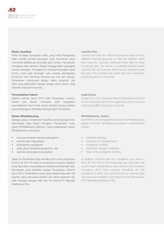 .62
Tahunan
2012 LaporanReport
Annual

Risiko Likuiditas
Risiko likuiditas merupakan risiko, yang mana Perusahaan
tidak memiliki sumber keuangan yang mencukupi untuk
memenuhi liabilitasnya yang telah jatuh tempo. Perusahaan
mengatasi risiko tersebut dengan menggunakan perangkat
rencana likuiditas. Perangkat ini mempertimbangkan jatuh
tempo untuk aset keuangan yaitu piutang pembiayaan
konsumen dan membuat rencana arus kas dari operasi.
Perusahaan mempunyai jangka waktu pinjaman dari
bank yang disesuaikan dengan jangka waktu (tenor) yang
diberikan kepada konsumen.

Liquidity Risk
Liquidity risk is the risk, which the Company does not have
sufficient financial resources to meet the liabilities which
have maturing. Company addresses these risks by using
the liquidity plan. The device is considered financial assets
maturing that are consumer financing and operations cash
flow plan. The Company has a bank term loan adapted by
period that given to consumers.

Permasalahan Hukum
Selama periode tahun 2012 baik Perusahaan maupun
Direksi dan Dewan Komisaris tidak mengalami
permasalahan hukum baik secara perdata maupun pidana
yang berpengaruh terhadap kelangsungan Perusahaan.

Legal Issues
During 2012, both Company, Board of Directors and Board
of Commissioners did not have legal issues both in civil and
criminal that affect Company’s continuity.

Sistem Whistleblowing
Sebagai upaya menghindari terjadinya penyimpangan atau
kecurangan yang dapat merugikan Perusahaan, maka
sistem Whistleblowing dibentuk. Upaya pelaksanaan sistem
Whistleblowing mencakup:

Whistleblowing System
In an effort to avoid irregularities or fraud then Whistleblowing
system is formed. Whistleblowing systems implementation
include:

•	
•	
•	
•	
•	

•	
•	
•	
•	
•	

cara penyampaian laporan pelanggaran;
perlindungan bagi pelapor;
penanganan pengaduan;
pihak yang mengelola pengaduan; dan
hasil dari penanganan pengaduan

Selain itu Perusahaan juga memiliki nomor sms pengaduan
di 0812 29 700 700 baik untuk karyawan maupun nasabah
yang digunakan untuk pelaporan terkait penyimpangan atau
kecurangan yang berkaitan dengan Perusahaan. Selama
tahun 2012, total keluhan yang masuk adalah berjumlah 165
keluhan yang semuanya berasal dari pihak eksternal dan
telah ditangani dengan baik oleh tim internal PT Mandala
Multifinance Tbk.

violations reporting;
protection for whistleblowers;
complaints handling;
those who manage complaints;
result of the complaints handling.

In addition, Company also has complaints sms center in
0812 29 700 700 for both employees and customers that
used to report irregularities or fraud related to the Company.
Throughout 2012, total incoming complaints are 165
complaints of which that came only from an external party
and have been handled in well manner by the internal team
of PT Mandala Multifinance Tbk.

 