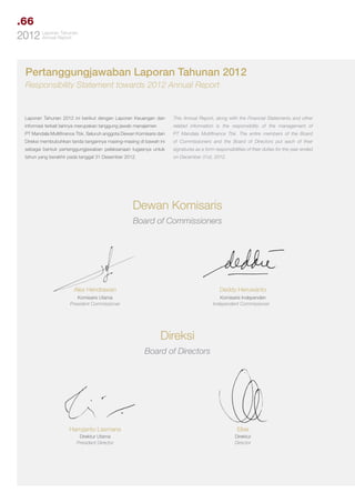 .66
Tahunan
2012 LaporanReport
Annual

Pertanggungjawaban Laporan Tahunan 2012
Responsibility Statement towards 2012 Annual Report

Laporan Tahunan 2012 ini berikut dengan Laporan Keuangan dan

This Annual Report, along with the Financial Statements and other

informasi terkait lainnya merupakan tanggung jawab manajemen

related information is the responsibility of the management of

PT Mandala Multifinance Tbk. Seluruh anggota Dewan Komisaris dan

PT Mandala Multifinance Tbk. The entire members of the Board

Direksi membubuhkan tanda tangannya masing-masing di bawah ini

of Commissioners and the Board of Directors put each of their

sebagai bentuk pertanggungjawaban pelaksanaan tugasnya untuk

signatures as a form responsibilities of their duties for the year ended

tahun yang berakhir pada tanggal 31 Desember 2012.

on December 31st, 2012.

Dewan Komisaris
Board of Commissioners

Alex Hendrawan

Deddy Heruwanto

Komisaris Utama
President Commissioner

Komisaris Independen
Independent Commissioner

Direksi
Board of Directors

Harryjanto Lasmana

Elise

Direktur Utama
President Director

Direktur
Director

 