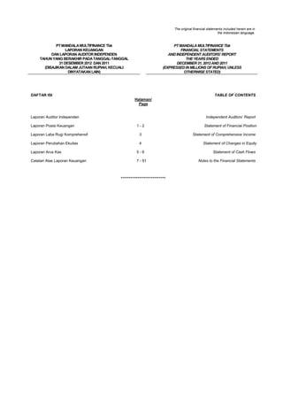 The original financial statements included herein are in
the Indonesian language.

PT MANDALA MULTIFINANCE Tbk
LAPORAN KEUANGAN
DAN LAPORAN AUDITOR INDEPENDEN
TAHUN YANG BERAKHIR PADA TANGGAL-TANGGAL
31 DESEMBER 2012 DAN 2011
(DISAJIKAN DALAM JUTAAN RUPIAH, KECUALI
DINYATAKAN LAIN)

PT MANDALA MULTIFINANCE Tbk
FINANCIAL STATEMENTS
AND INDEPENDENT AUDITORS’ REPORT
THE YEARS ENDED
DECEMBER 31, 2012 AND 2011
(EXPRESSED IN MILLIONS OF RUPIAH, UNLESS
OTHERWISE STATED)

DAFTAR ISI

TABLE OF CONTENTS
Halaman/
Page
Independent Auditors‟ Report

Laporan Auditor Independen
Laporan Posisi Keuangan

1-2

Statement of Financial Position

Laporan Laba Rugi Komprehensif

3

Statement of Comprehensive Income

Laporan Perubahan Ekuitas

4

Statement of Changes in Equity

Laporan Arus Kas

5-6

Catatan Atas Laporan Keuangan

7 - 91

***************************

Statement of Cash Flows
Notes to the Financial Statements

 