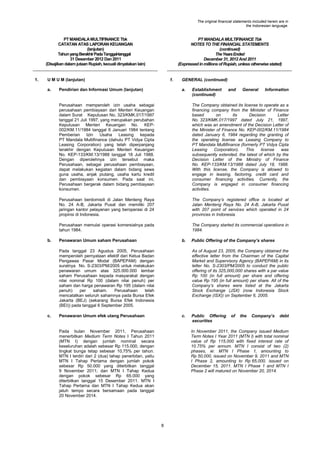The original financial statements included herein are in
the Indonesian language.

PT MANDALA MULTIFINANCE Tbk
CATATAN ATAS LAPORAN KEUANGAN
(lanjutan)
Tahun yang Berakhir Pada Tanggal-tanggal
31 Desember 2012 Dan 2011
(Disajikan dalam jutaan Rupiah, kecuali dinyatakan lain)

1.

PT MANDALA MULTIFINANCE Tbk
NOTES TO THE FINANCIAL STATEMENTS
(continued)
The Years Ended
December 31, 2012 And 2011
(Expressed in millions of Rupiah, unless otherwise stated)

U M U M (lanjutan)
a.

1.

Pendirian dan Informasi Umum (lanjutan)

GENERAL (continued)
a.

Establishment
(continued)

and

General

Information

Perusahaan memperoleh izin usaha sebagai
perusahaan pembiayaan dari Menteri Keuangan
dalam Surat Keputusan No. 323/KMK.017/1997
tanggal 21 Juli 1997, yang merupakan perubahan
Keputusan Menteri Keuangan No. KEP002/KM.11/1984 tanggal 6 Januari 1984 tentang
Pemberian
Izin
Usaha
Leasing kepada
PT Mandala Multifinance (dahulu PT Vidya Cipta
Leasing Corporation) yang telah diperpanjang
terakhir dengan Keputusan Menteri Keuangan
No. KEP-133/KM.13/1988 tanggal 18 Juli 1988.
Dengan diperolehnya izin tersebut maka
Perusahaan, sebagai perusahaan pembiayaan,
dapat melakukan kegiatan dalam bidang sewa
guna usaha, anjak piutang, usaha kartu kredit
dan pembiayaan konsumen. Pada saat ini,
Perusahaan bergerak dalam bidang pembiayaan
konsumen.
Perusahaan berdomisili di Jalan Menteng Raya
No. 24 A-B, Jakarta Pusat dan memiliki 207
jaringan kantor pelayanan yang beroperasi di 24
propinsi di Indonesia.

The Company„s registered office is located at
Jalan Menteng Raya No. 24 A-B, Jakarta Pusat
with 207 point of services which operated in 24
provinces in Indonesia.

Perusahaan memulai operasi komersialnya pada
tahun 1984.
b.

The Company obtained its license to operate as a
financing company from the Minister of Finance
based
on
its
Decision
Letter
No. 323/KMK.017/1997 dated July 21, 1997,
which was an amendment of the Decision Letter of
the Minister of Finance No. KEP-002/KM.11/1984
dated January 6, 1984 regarding the granting of
the operating license as Leasing Company to
PT Mandala Multifinance (formerly PT Vidya Cipta
Leasing
Corporation).
This
license
was
subsequently extended, the latest of which by the
Decision Letter of the Ministry of Finance
No. KEP-133/KM.13/1988 dated July 18, 1988.
With this license, the Company is allowed to
engage in leasing, factoring, credit card and
consumer financing activities. Currently, the
Company is engaged in consumer financing
activities.

The Company started its commercial operations in
1984.

Penawaran Umum saham Perusahaan

b.

Pada tanggal 23 Agustus 2005, Perusahaan
memperoleh pernyataan efektif dari Ketua Badan
Pengawas Pasar Modal (BAPEPAM) dengan
suratnya No. S-2303/PM/2005 untuk melakukan
penawaran umum atas 325.000.000 lembar
saham Perusahaan kepada masyarakat dengan
nilai nominal Rp 100 (dalam nilai penuh) per
saham dan harga penawaran Rp 195 (dalam nilai
penuh)
per
saham.
Perusahaan
telah
mencatatkan seluruh sahamnya pada Bursa Efek
Jakarta (BEJ) (sekarang Bursa Efek Indonesia
(BEI)) pada tanggal 6 September 2005.
c.

Public Offering of the Company’s shares
As of August 23, 2005, the Company obtained the
effective letter from the Chairman of the Capital
Market and Supervisory Agency (BAPEPAM) in its
letter No. S-2303/PM/2005 to conduct the public
offering of its 325,000,000 shares with a par value
Rp 100 (in full amount) per share and offering
value Rp 195 (in full amount) per share. All of the
Company‟s shares were listed at the Jakarta
Stock Exchange (JSX) (now Indonesia Stock
Exchange (ISX)) on September 6, 2005.

Penawaran Umum efek utang Perusahaan

c.

Pada bulan November 2011, Perusahaan
menerbitkan Medium Term Notes I Tahun 2011
(MTN I) dengan jumlah nominal secara
keseluruhan adalah sebesar Rp 115.000, dengan
tingkat bunga tetap sebesar 10,75% per tahun.
MTN I terdiri dari 2 (dua) tahap penerbitan, yaitu
MTN I Tahap Pertama dengan jumlah pokok
sebesar Rp 50.000 yang diterbitkan tanggal
9 November 2011; dan MTN I Tahap Kedua
dengan pokok sebesar Rp 65.000 yang
diterbitkan tanggal 15 Desember 2011. MTN I
Tahap Pertama dan MTN I Tahap Kedua akan
jatuh tempo secara bersamaan pada tanggal
20 November 2014.

Public Offering
securities

of

the

Company’s

debt

In November 2011, the Company issued Medium
Term Notes I Year 2011 (MTN I) with total nominal
value of Rp 115,000 with fixed interest rate of
10.75% per annum. MTN I consist of two (2)
phases, ie: MTN I Phase 1, amounting to
Rp 50,000, issued on November 9, 2011 and MTN
I Phase 2, amounting to Rp 65,000, issued on
December 15, 2011. MTN I Phase 1 and MTN I
Phase 2 will matured on November 20, 2014.

8

 