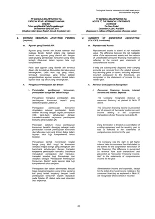 The original financial statements included herein are in
the Indonesian language.

PT MANDALA MULTIFINANCE Tbk
CATATAN ATAS LAPORAN KEUANGAN
(lanjutan)
Tahun yang Berakhir Pada Tanggal-tanggal
31 Desember 2012 Dan 2011
(Disajikan dalam jutaan Rupiah, kecuali dinyatakan lain)
2.

IKHTISAR
(lanjutan)
m.

KEBIJAKAN

AKUNTANSI

PT MANDALA MULTIFINANCE Tbk
NOTES TO THE FINANCIAL STATEMENTS
(continued)
The Years Ended
December 31, 2012 And 2011
(Expressed in millions of Rupiah, unless otherwise stated)

PENTING

2.

Agunan yang Diambil Alih

SUMMARY
OF
SIGNIFICANT
POLICIES (continued)
m.

ACCOUNTING

Repossessed Assets

Agunan yang diambil alih dicatat sebesar nilai
realisasi bersih. Selisih antara nilai realisasi
bersih atas agunan yang diambil alih dengan
saldo piutang pembiayaan konsumen yang tidak
tertagih dibukukan dalam laporan laba rugi
komprehensif.
Pada saat agunan yang diambil alih tersebut
dijual, nilai tercatatnya dikeluarkan dari akun yang
bersangkutan. Laba atau rugi yang timbul,
termasuk biaya-biaya yang timbul setelah
pengambilalihan agunan tersebut, dicatat dalam
laporan laba rugi tahun yang bersangkutan.
n.

Repossessed assets is stated at net realizable
value. The difference between the net realizable
value of the repossessed assets and the balance
of uncollectible consumer financing receivables is
reflected in the current year statements of
comprehensive income.
If they are subsequently disposed, their carrying
amounts are removed from the related account.
Any resulting gains or losses, including expenses
incurred subsequent to the foreclosure, are
recognized in the statements of income for the
related year.

Pengakuan Pendapatan dan Beban
i.

n.

Pendapatan
pembiayaan
konsumen,
pendapatan bunga dan beban bunga

Revenue and Expense Recognition
i.

Consumer financing income,
income and interest expense

interest

Perusahaan mengakui pendapatan atas
pembiayaan
konsumen
seperti
yang
dijelaskan pada Catatan 2f.

The Company recognizes revenue on
consumer financing as plained in Note 2f
above.

Pendapatan
pembiayaan
konsumen
dinyatakan sebesar pendapatan bersih
setelah dikurangi dengan bagian pendapatan
milik
bank-bank
sehubungan
dengan
transaksi-transaksi kerjasama pembiayaan
bersama (lihat Catatan 2f).

The consumer financing income is presented
net of amounts of the banks‟ portion on such
income
relating
to
the
cooperation
transactions of joint financing (see Note 2f).

Pelunasan sebelum masa pembiayaan
konsumen berakhir dianggap sebagai suatu
pembatalan kontrak pembiayaan konsumen
dan laba atau rugi yang timbul, diakui dalam
laporan laba rugi komprehensif tahun
berjalan.

Early termination is treated as cancellation of
existing agreement and the resulting gain or
loss is reflected in the statements of
comprehensive income for the year.

Perusahaan berhak menentukan tingkat
bunga yang lebih tinggi ke konsumen
daripada tingkat bunga yang ditetapkan oleh
bank-bank sehubungan dengan transaksi
kerjasama pembiayaan bersama. Selisihnya
merupakan pendapatan dari transaksitransaksi tersebut bagi Perusahaan dan
disajikan sebagai “Pendapatan Pembiayaan
Konsumen, Bersih” pada laporan laba rugi
komprehensif tahun berjalan.

The Company has the right to set higher
interest rates to customers than that stated by
the banks for the cooperation transaction of
joint financing. The difference is recognized
as revenue from such transactions and
presented as “Consumer Financing Income,
Net” in the statements of comprehensive
income for the year.

Pendapatan dan beban administrasi, kecuali
biaya-biaya/pendapatan yang timbul pertama
kali yang terkait langsung dengan kredit
pembiayaan konsumen seperti dijelaskan
pada Catatan 2f, diakui pada saat diperoleh
atau terjadinya.

Administration income and expenses, except
for the initial direct cost/income relating to the
consumer financing as explained in Note 2f,
are recognized when earned or incurred.

22

 