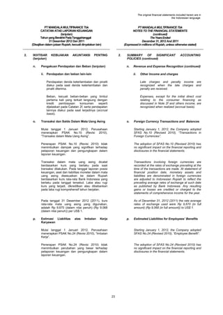 The original financial statements included herein are in
the Indonesian language.

PT MANDALA MULTIFINANCE Tbk
CATATAN ATAS LAPORAN KEUANGAN
(lanjutan)
Tahun yang Berakhir Pada Tanggal-tanggal
31 Desember 2012 Dan 2011
(Disajikan dalam jutaan Rupiah, kecuali dinyatakan lain)

2.

IKHTISAR
(lanjutan)
n.

KEBIJAKAN

AKUNTANSI

PT MANDALA MULTIFINANCE Tbk
NOTES TO THE FINANCIAL STATEMENTS
(continued)
The Years Ended
December 31, 2012 And 2011
(Expressed in millions of Rupiah, unless otherwise stated)

PENTING

2.

Pengakuan Pendapatan dan Beban (lanjutan)

SUMMARY
OF
SIGNIFICANT
POLICIES (continued)
n.

ii. Pendapatan dan beban lain-lain

ACCOUNTING

Revenue and Expense Recognition (continued)
ii.

Other Income and charges

Pendapatan denda keterlambatan dan pinalti
diakui pada saat denda keterlambatan dan
pinalti diterima.
Beban, kecuali beban-beban yang timbul
pertama kali yang terkait langsung dengan
kredit
pembiayaan
konsumen
seperti
dijelaskan pada Catatan 2f, serta pendapatan
lainnya diakui pada saat terjadinya (accrual
basis).
o.

Late charges and penalty income are
recognized when the late charges and
penalty are received.
Expenses, except for the initial direct cost
relating to the consumer financing as
discussed in Note 2f and others income, are
recognized when realized (accrual basis).

Transaksi dan Saldo Dalam Mata Uang Asing

o.

Foreign Currency Transactions and Balances

Mulai tanggal 1 Januari 2012, Perusahaan
menerapkan PSAK No.10 (Revisi 2010),
“Transaksi dalam Mata Uang Asing”.
Penerapan PSAK No.10 (Revisi 2010) tidak
menimbulkan dampak yang signifikan terhadap
pelaporan keuangan dan pengungkapan dalam
laporan keuangan.

The adoption of SFAS No.10 (Revised 2010) has
no significant impact on the financial reporting and
disclosures in the financial statements.

Transaksi dalam mata uang asing dicatat
berdasarkan kurs yang berlaku pada saat
transaksi dilakukan. Pada tanggal laporan posisi
keuangan, aset dan liabilitas moneter dalam mata
uang asing disesuaikan ke dalam Rupiah
berdasarkan kurs rata-rata Bank Indonesia yang
berlaku pada tanggal tersebut. Laba atau rugi
kurs yang terjadi, dikreditkan atau dibebankan
pada laba rugi komprehensif tahun berjalan.

Transactions involving foreign currencies are
recorded at the rates of exchange prevailing at the
time of the transactions are made. At statement of
financial position date, monetary assets and
liabilities are denominated in foreign currencies
are adjusted to Indonesian Rupiah to reflect the
prevailing average rates of exchange at such date
as published by Bank Indonesia. Any resulting
gains or losses are credited or charged to the
statements of comprehensive income for the year.

Pada tanggal 31 Desember 2012 (2011), kurs
rata-rata mata uang asing yang digunakan,
adalah Rp 9.670 (dalam nilai penuh) (Rp 9.068
(dalam nilai penuh)) per US$ 1.
p.

Starting January 1, 2012, the Company adopted
SFAS No.10 (Revised 2010), “Transactions in
Foreign Currencies”.

As of December 31, 2012 (2011) the rate average
rates of exchange used were Rp 9,670 (in full
amount) (Rp 9,068 (in full amount)) to US$ 1.

Estimasi Liabilitas
Karyawan

atas

Imbalan

Kerja

p.

Estimated Liabilities for Employees’ Benefits

Mulai tanggal 1 Januari 2012, Perusahaan
menerapkan PSAK No.24 (Revisi 2010), “Imbalan
Kerja”.

Starting January 1, 2012, the Company adopted
SFAS No.24 (Revised 2010), “Employee Benefit”.

Penerapan PSAK No.24 (Revisi 2010) tidak
menimbulkan perubahan yang besar terhadap
pelaporan keuangan dan pengungkapan dalam
laporan keuangan.

The adoption of SFAS No.24 (Revised 2010) has
no significant impact on the financial reporting and
disclosures in the financial statements.

23

 