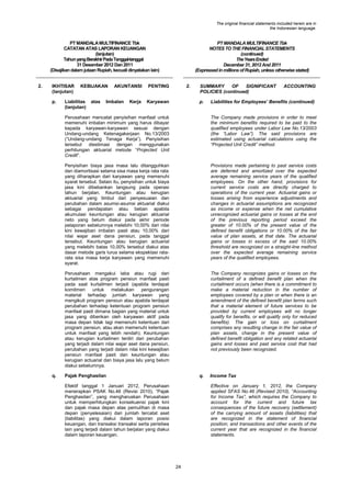 The original financial statements included herein are in
the Indonesian language.

PT MANDALA MULTIFINANCE Tbk
CATATAN ATAS LAPORAN KEUANGAN
(lanjutan)
Tahun yang Berakhir Pada Tanggal-tanggal
31 Desember 2012 Dan 2011
(Disajikan dalam jutaan Rupiah, kecuali dinyatakan lain)
2.

IKHTISAR
(lanjutan)
p.

KEBIJAKAN

Liabilitas
(lanjutan)

atas

AKUNTANSI

Imbalan

Kerja

PT MANDALA MULTIFINANCE Tbk
NOTES TO THE FINANCIAL STATEMENTS
(continued)
The Years Ended
December 31, 2012 And 2011
(Expressed in millions of Rupiah, unless otherwise stated)

PENTING

2.

Karyawan

SUMMARY
OF
SIGNIFICANT
POLICIES (continued)
p.

ACCOUNTING

Liabilities for Employees’ Benefits (continued)

Perusahaan mencatat penyisihan manfaat untuk
memenuhi imbalan minimum yang harus dibayar
kepada karyawan-karyawan sesuai dengan
Undang-undang Ketenagakerjaan No.13/2003
(“Undang-undang Tenaga Kerja”). Penyisihan
tersebut diestimasi dengan menggunakan
perhitungan aktuarial metode “Projected Unit
Credit”.
Penyisihan biaya jasa masa lalu ditangguhkan
dan diamortisasi selama sisa masa kerja rata rata
yang diharapkan dari karyawan yang memenuhi
syarat tersebut. Selain itu, penyisihan untuk biaya
jasa kini dibebankan langsung pada operasi
tahun berjalan. Keuntungan atau kerugian
aktuarial yang timbul dari penyesuaian dan
perubahan dalam asumsi-asumsi aktuarial diakui
sebagai pendapatan atau beban apabila
akumulasi keuntungan atau kerugian aktuarial
neto yang belum diakui pada akhir periode
pelaporan sebelumnya melebihi 10,00% dari nilai
kini kewajiban imbalan pasti atau 10,00% dari
nilai wajar aset dana pensiun, pada tanggal
tersebut. Keuntungan atau kerugian actuarial
yang melebihi batas 10,00% tersebut diakui atas
dasar metode garis lurus selama ekspektasi ratarata sisa masa kerja karyawan yang memenuhi
syarat.

Provisions made pertaining to past service costs
are deferred and amortized over the expected
average remaining service years of the qualified
employees. On the other hand, provisions for
current service costs are directly charged to
operations of the current year. Actuarial gains or
losses arising from experience adjustments and
changes in actuarial assumptions are recognized
as income or expense when the net cumulative
unrecognized actuarial gains or losses at the end
of the previous reporting period exceed the
greater of 10.00% of the present value of the
defined benefit obligations or 10.00% of the fair
value of plan assets, at that date. The actuarial
gains or losses in excess of the said 10.00%
threshold are recognized on a straight-line method
over the expected average remaining service
years of the qualified employees.

Perusahaan mengakui laba atau rugi dari
kurtailmen atas program pensiun manfaat pasti
pada saat kurtailmen terjadi (apabila terdapat
komitmen
untuk
melakukan
pengurangan
material terhadap jumlah karyawan yang
mengikuti program pensiun atau apabila terdapat
perubahan terhadap ketentuan program pensiun
manfaat pasti dimana bagian yang material untuk
jasa yang diberikan oleh karyawan aktif pada
masa depan tidak lagi memenuhi ketentuan dari
program pensiun, atau akan memenuhi ketentuan
untuk manfaat yang lebih rendah). Keuntungan
atau kerugian kurtailmen terdiri dari perubahan
yang terjadi dalam nilai wajar aset dana pensiun,
perubahan yang terjadi dalam nilai kini kewajiban
pensiun manfaat pasti dan keuntungan atau
kerugian actuarial dan biaya jasa lalu yang belum
diakui sebelumnya.
q.

The Company made provisions in order to meet
the minimum benefits required to be paid to the
qualified employees under Labor Law No.13/2003
(the “Labor Law”). The said provisions are
estimated using actuarial calculations using the
“Projected Unit Credit” method.

The Company recognizes gains or losses on the
curtailment of a defined benefit plan when the
curtailment occurs (when there is a commitment to
make a material reduction in the number of
employees covered by a plan or when there is an
amendment of the defined benefit plan terms such
that a material element of future services to be
provided by current employees will no longer
qualify for benefits, or will qualify only for reduced
benefits). The gain or loss on curtailment
comprises any resulting change in the fair value of
plan assets, change in the present value of
defined benefit obligation and any related actuarial
gains and losses and past service cost that had
not previously been recognized.

Pajak Penghasilan

q.

Efektif tanggal 1 Januari 2012, Perusahaan
menerapkan PSAK No.46 (Revisi 2010), “Pajak
Penghasilan”, yang mengharuskan Perusahaan
untuk memperhitungkan konsekuensi pajak kini
dan pajak masa depan atas pemulihan di masa
depan (penyelesaian) dari jumlah tercatat aset
(liabilitas) yang diakui dalam laporan posisi
keuangan, dan transaksi transaksi serta peristiwa
lain yang terjadi dalam tahun berjalan yang diakui
dalam laporan keuangan.

Income Tax
Effective on January 1, 2012, the Company
applied SFAS No.46 (Revised 2010), “Accounting
for Income Tax”, which requires the Company to
account for the current and future tax
consequences of the future recovery (settlement)
of the carrying amount of assets (liabilities) that
are recognized in the statement of financial
position; and transactions and other events of the
current year that are recognized in the financial
statements.

24

 