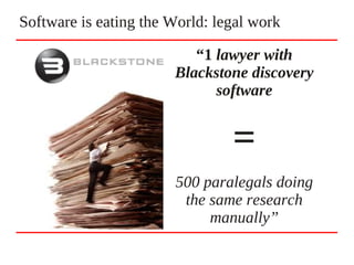 Software is eating the World: legal work
“1 lawyer with
Blackstone discovery
software
=
500 paralegals doing
the same research
manually”
 
