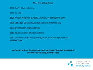 Time line for legislation
1990 Dublin City and County
1995 Cork City
1998 Arklow, Drogheda, Dundalk, Limerick City and Wexford Town
2000 Celbridge, Galway City, Leixlip, Naas and Waterford City
2003 Bray, Kilkenny, Sligo and Tralee
2011 Athlone, Carlow, Clonmel and Ennis
2013 Greystones, Letterkenny, Mullingar, Navan. Newbridge, Portlaoise
Wicklow Town
AIR POLLUTION ACT (MARKETING, SALE, DISTRIBUTION AND BURNING OF
SPECIFIED FUELS) REGULATIONS 2012
 