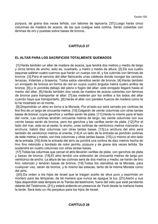 Exodo-129
púrpura, de grana dos veces teñida, con labores de tapicería. [37].Luego harás cinco
columnas de madera de acacia, de las que cuelgue esta cortina. Serán cubiertas con
láminas de oro y puestas sobre basas de bronce.
CAPÍTULO 27
EL ALTAR PARA LOS SACRIFICIOS TOTALMENTE QUEMADOS
[1].Harás también un altar de madera de acacia, que tendrá dos metros y medio de largo
y otros tantos de ancho, esto es, cuadrado, y metro y medio de altura. [2].De sus cuatro
esquinas saldrán cuatro cuernos que harán un cuerpo con él, y los cubrirás con láminas de
bronce. [3].Para el servicio del altar fabricarás unas calderas donde recoger las cenizas,
tenazas, tridentes y braseros. Todos estos utensilios serán de bronce. [4].Harás también
un enrejado de bronce en forma de red en cuyos cuatro ángulos habrá cuatro anillos de
bronce, [5].y lo pondrás debajo del plano o fogón del altar: este enrejado llegará hasta el
medio del altar. [6].Harás también dos varas de madera de acacia cubiertas con láminas
de bronce para transportar el altar: [7].las meterán por los anillos a los lados del altar
cuando haya que transportarlo. [8].Harás el altar con paneles huecos de madera como te
lo he mostrado en el monte.
[9].Dispondrás un atrio en torno a la Morada. Por el lado sur será cerrado por cortinas de
lino fino de un largo de cincuenta metros. [10].Colgarán de veinte columnas con otras tantas
basas de bronce, cuyos ganchos y varillas serán de plata. [11].Harás lo mismo para el lado
del norte. Las cortinas tendrán cincuenta metros de largo; las veinte columnas con sus
veinte basas serán de bronce, pero los ganchos y las varillas serán de plata. [12].Por el
lado del mar, esto es al oeste, lo ancho, unas cortinas de veinticinco metros marcarán su
anchura; habrá diez columnas con otras tantas basas. [13].La anchura del atrio será
también de veinticinco metros al oriente. [14].A un lado de la entrada se pondrán cortinas
de siete metros y medio, con tres columnas y otras tantas basas. [15].Lo mismo al otro lado
de la entrada. [16].Ante la entrada del atrio se pondrá una cortina de diez metros hecha de
lino fino retorcido y bordado de color jacinto, púrpura y de grana dos veces teñida. Se
sostendrá en cuatro columnas con otras tantas basas.
[17].Todas las columnas que cercan el atrio llevarán varillas de plata, con ganchos de plata
y basas de bronce. [18].El atrio tendrá una extensión de cincuenta metros de largo por
veinticinco de ancho. La altura de las cortinas será de dos metros y medio; se harán de lino
fino retorcido y tendrán basas de bronce. [19].Todos los utensilios de la Morada, para
cualquier uso, serán de bronce, y lo mismo las estacas, tanto de la misma Morada como
del atrio.
[20].Da orden a los hijos de Israel que te traigan aceite de oliva puro y exprimido en
mortero para las lámparas, de tal manera que nunca se apague la luz. [21].Aarón y sus
hijos dispondrán esta lámpara en la Tienda del testimonio, fuera del velo que está pendiente
delante del Testimonio, [21].y estará ardiendo en presencia de Yavé desde la mañana hasta
la tarde. Será ésto un rito perpetuo para los hijos de Israel.
CAPÍTULO 28
 