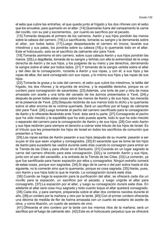 Exodo-132
el sebo que cubre las entrañas, el que queda junto al hígado y los dos riñones con el sebo
que los envuelve, para quemarlo en el altar. [14].Quemarás fuera del campamento la carne
del novillo, con su piel y excrementos, por cuanto es sacrificio por el pecado.
[15].Tomarás después el primero de los carneros. Aarón y sus hijos pondrán las manos
sobre la cabeza del carnero. [16].Lo sacrificarás, tomarás su sangre y la derramarás sobre
el altar, por todos lados. [17].Luego despedazarás el carnero en trozos; lavarás sus
intestinos y sus patas, los pondrás sobre su cabeza [18].y lo quemarás todo en el altar.
Este el holocausto, esto es el sacrificio de calmante olor para Yavé.
[19].Tomarás asimismo el otro carnero, sobre cuya cabeza Aarón y sus hijos pondrán las
manos. [20].Lo degollarás, tomarás de su sangre y teñirás con ella la extremidad de la oreja
derecha de Aarón y de sus hijos, y los pulgares de su mano y pie derechos, derramando
la sangre sobre el altar por todos lados. [21].Y tomando de la sangre vertida sobre el altar
y del óleo de la consagración, rociarás a Aarón y sus ropas, y con él, a sus hijos y las
ropas de ellos. Así será consagrado con sus ropas, y lo mismo sus hijos y las ropas de sus
hijos.
[22].Tomarás la grasa y la cola del carnero, el sebo que cubre los intestinos, la telilla del
hígado, los dos riñones y la enjundia de encima, y la espaldilla derecha, porque es un
cordero para consagración de sacerdotes. [23].Además, una torta de pan y otra de masa
amasada con aceite y una torta del canasto de los ázimos presentados a Yavé, [24].y
después de poner todas estas cosas sobre las manos de Aarón y de sus hijos, las mecerás
en la presencia de Yavé. [25].Después recibirás de sus manos todo lo dicho y lo quemarás
sobre el altar encima de la víctima quemada. Será un sacrificio por el fuego de calmante
olor para Yavé. [26].Luego tomarás el pecho del carnero sacrificado para la consagración
de Aarón y lo ofrecerás llevándolo ante Yavé: ésta será tu parte. [27].Consagrarás el pecho
que ha sido mecido y la espaldilla que ha sido puesta aparte, todo lo que ha sido mecido
o separado del carnero para la consagración de Aarón y de sus hijos. [28].Con esto Aarón
y sus hijos recibirán para siempre el derecho a cobrar este tributo de los hijos de Israel. Es
el tributo que les presentarán los hijos de Israel en todos los sacrificios de comunión que
presenten a Yavé.
[29].Las ropas santas de Aarón pasarán a sus hijos después de su muerte: pasarán a ser
suyas el día que sean ungidos y consagrados. [30].El sacerdote que se tome de los hijos
de Aarón para sucederlo las vestirá durante siete días cuando lo consagren para entrar en
la Tienda de las Citas y para oficiar en el Santuario. [31].Cocerás en un lugar sagrado la
carne del carnero ofrecido para esta consagración, [32].y la comerán Aarón y sus hijos,
junto con el pan del canastillo, a la entrada de la Tienda de las Citas. [33].La comerán, ya
que fue santificada para hacer expiación por ellos y consagrarlos. Ningún extraño comerá
de estas cosas, porque son sagradas. [34].Si algo de la carne o del pan sobra hasta el día
siguiente, no lo comerán sino que lo quemarás, porque es cosa sagrada. [35].Harás, pues,
con Aarón y sus hijos todo lo que te mando. La consagración durará siete días.
[36].Cuando se haga la expiación para la purificación del altar, se ofrecerá cada día un
novillo para la expiación, un sacrificio por el pecado, y luego ungirás el altar para
consagrarlo. [37].La expiación por el altar, y luego su consagración durará siete días. En
adelante el altar será cosa muy sagrada y todo cuanto toque el altar quedará consagrado.
[38].Cada día, y para siempre, prepararás sobre el altar dos corderos nacidos durante el
año, [39].un cordero por la mañana y otro por la tarde. [40].Con el primer cordero ofrecerás
una décima de medida de flor de harina amasada con un cuarto de sextario de aceite de
oliva, y como libación, un cuarto de sextario de vino.
[41].Ofrecerás el otro cordero por la tarde con los mismos ritos de la mañana; será un
sacrificio por el fuego de calmante olor. [42].Este es el holocausto perpetuo que se ofrecerá
 