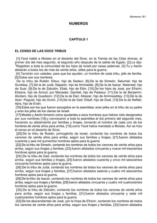 Números-181
NUMEROS
CAPÍTULO 1
EL CENSO DE LAS DOCE TRIBUS
[1].Yavé habló a Moisés en el desierto del Sinaí, en la Tienda de las Citas divinas, el
primer día del mes segundo, el segundo año después de la salida de Egipto. [2].Le dijo:
*Registren a toda la comunidad de los hijos de Israel por casas paternas. [3].Tu y Aarón
alistarán a todos los de más de veinte años, útiles para la guerra.
[4].Tendrán con ustedes, para que los ayuden, un hombre de cada tribu, jefe de familia.
[5].Estos son sus nombres:
De la tribu de Rubén: Elisur, hijo de Sedeur. [6].De la de Simeón, Selumiel, hijo de
Suridday. [7].De la de Judá, Najasón, hijo de Aminadab. [8].De la de Isacar, Nataneel, hijo
de Suar. [9].De la de Zabulón, Eliab, hijo de Elón. [10].De los hijos de José, por Efraím:
Elisana, hijo de Amiud; por Manasés: Gamliel, hijo de Padasur. [11].De la de Benjamín:
Abidam, hijo de Guedeoní. [12].De la de Dan: Abiezer, hijo de Ammisadday. [13].De la de
Aser: Paguiel, hijo de Ocrón. [14].De la de Gad: Elisaf, hijo de Duel. [15].De la de Neftalí,
Ajira, hijo de Enán.
[16].Estos son los que fueron escogidos en la asamblea; eran jefes en la tribu de su padre
y eran los jefes de los clanes de Israel.
[17].Moisés y Aarón tomaron como ayudantes a esos hombres que habían sido designados
por sus nombres [18].y convocaron a toda la asamblea el día primero del segundo mes,
haciendo su alistamiento por familias y linajes, tomando el nombre de cada uno de los
hombres de veinte años para arriba, [19].como Yavé había mandado a Moisés. Así se hizo
el censo en el desierto de Sinaí.
[20].De la tribu de Rubén, primogénito de Israel, contando los nombres de todos los
varones de veinte años para arriba, según sus familias y linajes, [21].fueron alistados
cuarenta y seis mil quinientos hombres aptos para la guerra.
[22].De la tribu de Simeón, contando los nombres de todos los varones de veinte años para
arriba, según sus linajes y familias; [23].fueron alistados cincuenta y nueve mil trescientos
hombres aptos para la guerra.
[24].De la tribu de Gad, contando los nombres de todos los varones de veinte años para
arriba, según sus familias y linajes, [25].fueron alistados cuarenta y cinco mil seiscientos
cincuenta hombres aptos para la guerra.
[26].De la tribu de Judá, contando los nombres de todos los varones de veinte años para
arriba, según sus linajes y familias, [27].fueron alistados setenta y cuatro mil seiscientos
hombres aptos para la guerra.
[28].De la tribu de Isacar, contando los nombres de todos los varones de veinte años para
arriba, según sus linajes y familias, [29].fueron alistados cincuenta y cuatro mil cuatrocientos
hombres aptos para la guerra.
[30].De la tribu de Zabulón, contando los nombres de todos los varones de veinte años
para arriba, según sus linajes y familias, [31].fueron alistados cincuenta y siete mil
cuatrocientos hombres aptos para la guerra.
[32].De los descendientes de José, por la línea de Efraím, contando los nombres de todos
los varones de veinte años para arriba, según sus linajes y familias, [33].fueron alistados
 