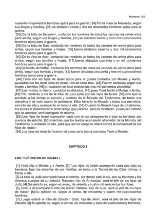 Números-182
cuarenta mil quinientos hombres aptos para la guerra. [34].Por la línea de Manasés, según
sus linajes y familias, [35].se alistaron treinta y dos mil doscientos hombres aptos para la
guerra.
[36].De la tribu de Benjamín, contando los nombres de todos los varones de veinte años
para arriba, según sus linajes y familias, [37].se alistaron treinta y cinco mil cuatrocientos
hombres aptos para la guerra.
[38].De la tribu de Dan, contando los nombres de todos los varones de veinte años para
arriba, según sus familias y linajes, [39].fueron alistados sesenta y dos mil setecientos
hombres aptos para la guerra.
[40].De la tribu de Aser, contando los nombres de todos los varones de veinte años para
arriba, según sus familias y linajes, [41].fueron alistados cuarenta y un mil quinientos
hombres aptos para la guerra.
[42].De la tribu de Neftalí, contando los nombres de todos los varones de veinte años para
arriba, según sus familias y linajes, [43].fueron alistados cincuenta y tres mil cuatrocientos
hombres aptos para la guerra.
[44].Estos son los hijos de Israel aptos para la guerra contados por Moisés y Aarón,
ayudados por los doce jefes de Israel, uno de cada tribu. [45].Fueron contados según sus
linajes y familias [46].y resultaron en total seiscientos tres mil quinientos cincuenta.
[47].Los levitas no fueron contados ni alistados, [48].pues Yavé habló a Moisés y le dijo:
[49].*No contarás a los de la tribu de Leví junto con los hijos de Israel, [50].sino que tú
pondrás a los levitas al servicio y cuidado de la Morada del Testimonio, de todos sus
utensilios y de todo cuanto le pertenece. Ellos llevarán la Morada y todos sus utensilios,
servirán en ella y acamparán en torno a ella. [51].Cuando la Morada haya de trasladarse,
los levitas la desarmarán;cuando tenga que pararse, ellos la montarán. Cualquier extraño
que se acerque, será castigado de muerte.
[52].Los hijos de Israel acamparán cada uno en su campamento y bajo su bandera, por
cuerpos de ejército, [53].mientras que los levitas acamparán alrededor de la Morada del
Testimonio, y cuidarán de ella, para que así no venga la cólera contra la comunidad de los
hijos de Israel.+
[54].Los hijos de Israel lo hicieron tal como se lo había mandado Yavé a Moisés.
CAPÍTULO 2
LOS **EJÉRCITOS DE ISRAEL++
[1].Yavé dijo a Moisés y a Aarón: [2].*Los hijos de Israel acamparán cada uno bajo su
bandera, bajo las enseñas de sus familias, en torno a la Tienda de las Citas divinas, y
frente a ella.
[3].La tribu de Judá acampará hacia el oriente, por donde sale el sol, con su bandera y los
diversos cuerpos de su ejército. Najasón, hijo de Aminadab, será el jefe de los hijos de
Judá. [4].Su ejército es, según el censo, de setenta y cuatro mil seiscientos hombres.
[5].Junto a él acampará la tribu de Isacar: Natanel, hijo de Suar, será el jefe de los hijos
de Isacar. [6].Su ejército es, según el censo, de cincuenta y cuatro mil cuatrocientos
hombres.
[7].Luego estará la tribu de Zabulón: Eliab, hijo de Jelón, será el jefe de los hijos de
Zabulón. [8].Su ejército es, según el censo, de cincuenta y siete mil cuatrocientos hombres.
 