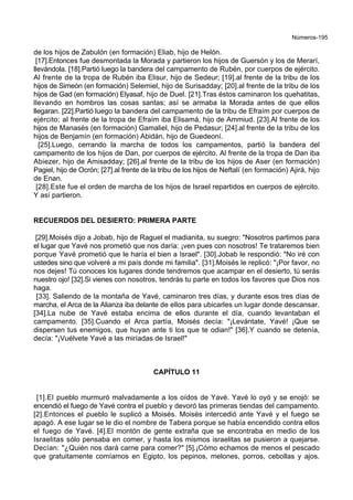 Números-195
de los hijos de Zabulón (en formación) Eliab, hijo de Helón.
[17].Entonces fue desmontada la Morada y partieron los hijos de Guersón y los de Merarí,
llevándola. [18].Partió luego la bandera del campamento de Rubén, por cuerpos de ejército.
Al frente de la tropa de Rubén iba Elisur, hijo de Sedeur; [19].al frente de la tribu de los
hijos de Simeón (en formación) Selemiel, hijo de Surisadday; [20].al frente de la tribu de los
hijos de Gad (en formación) Elyasaf, hijo de Duel. [21].Tras éstos caminaron los quehatitas,
llevando en hombros las cosas santas; así se armaba la Morada antes de que ellos
llegaran. [22].Partió luego la bandera del campamento de la tribu de Efraím por cuerpos de
ejército; al frente de la tropa de Efraím iba Elisamá, hijo de Ammiud. [23].Al frente de los
hijos de Manasés (en formación) Gamaliel, hijo de Pedasur; [24].al frente de la tribu de los
hijos de Benjamín (en formación) Abidán, hijo de Guedeoní.
[25].Luego, cerrando la marcha de todos los campamentos, partió la bandera del
campamento de los hijos de Dan, por cuerpos de ejército. Al frente de la tropa de Dan iba
Abiezer, hijo de Amisadday; [26].al frente de la tribu de los hijos de Aser (en formación)
Pagiel, hijo de Ocrón; [27].al frente de la tribu de los hijos de Neftalí (en formación) Ajirá, hijo
de Enan.
[28].Este fue el orden de marcha de los hijos de Israel repartidos en cuerpos de ejército.
Y así partieron.
RECUERDOS DEL DESIERTO: PRIMERA PARTE
[29].Moisés dijo a Jobab, hijo de Raguel el madianita, su suegro: "Nosotros partimos para
el lugar que Yavé nos prometió que nos daría: ¡ven pues con nosotros! Te trataremos bien
porque Yavé prometió que le haría el bien a Israel". [30].Jobab le respondió: "No iré con
ustedes sino que volveré a mi país donde mi familia". [31].Moisés le replicó: "¡Por favor, no
nos dejes! Tú conoces los lugares donde tendremos que acampar en el desierto, tú serás
nuestro ojo! [32].Si vienes con nosotros, tendrás tu parte en todos los favores que Dios nos
haga.
[33]. Saliendo de la montaña de Yavé, caminaron tres días, y durante esos tres días de
marcha, el Arca de la Alianza iba delante de ellos para ubicarles un lugar donde descansar.
[34].La nube de Yavé estaba encima de ellos durante el día, cuando levantaban el
campamento. [35].Cuando el Arca partía, Moisés decía: "¡Levántate, Yavé! ¡Que se
dispersen tus enemigos, que huyan ante ti los que te odian!" [36].Y cuando se detenía,
decía: "¡Vuélvete Yavé a las miríadas de Israel!"
CAPÍTULO 11
[1].El pueblo murmuró malvadamente a los oídos de Yavé. Yavé lo oyó y se enojó: se
encendió el fuego de Yavé contra el pueblo y devoró las primeras tiendas del campamento.
[2].Entonces el pueblo le suplicó a Moisés. Moisés intercedió ante Yavé y el fuego se
apagó. A ese lugar se le dio el nombre de Tabera porque se había encendido contra ellos
el fuego de Yavé. [4].El montón de gente extraña que se encontraba en medio de los
Israelitas sólo pensaba en comer, y hasta los mismos israelitas se pusieron a quejarse.
Decían: "¿Quién nos dará carne para comer?" [5].¡Cómo echamos de menos el pescado
que gratuitamente comíamos en Egipto, los pepinos, melones, porros, cebollas y ajos.
 