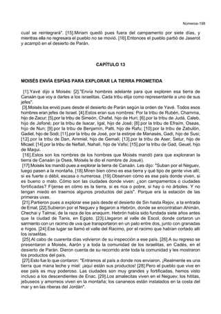 Números-198
cual se reintegrará". [15].Miriam quedó pues fuera del campamento por siete días, y
mientras ella no regresara el pueblo no se movió. [16].Entonces el pueblo partió de Jaserot
y acampó en el desierto de Parán.
CAPÍTULO 13
MOISÉS ENVÍA ESPÍAS PARA EXPLORAR LA TIERRA PROMETIDA
[1].Yavé dijo a Moisés: [2]."Envía hombres adelante para que exploren esa tierra de
Canaán que voy a darles a los israelitas. Cada tribu elija como representante a uno de sus
jefes".
[3].Moisés los envió pues desde el desierto de Parán según la orden de Yavé. Todos esos
hombres eran jefes de Israel. [4].Estos eran sus nombres: Por la tribu de Rubén, Chamma,
hijo de Zacur; [5].por la tribu de Simeón, Chafat, hijo de Huri; [6].por la tribu de Judá, Caleb,
hijo de Jefoné; por la tribu de Isacar, Igal, hijo de José; [8].por la tribu de Efraím, Oseas,
hijo de Nun; [9].por la tribu de Benjamín, Palti, hijo de Rafu; [10].por la tribu de Zabulón,
Gadiel, hijo de Sodi; [11].por la tribu de José, por la estirpe de Manasés, Gadi, hijo de Susi;
[12].por la tribu de Dan, Ammiel, hijo de Gemali; [13].por la tribu de Aser, Setur, hijo de
Micael; [14].por la tribu de Neftalí, Nahalí, hijo de Vafsi; [15].por la tribu de Gad, Geuel, hijo
de Maqui.
[16].Estos son los nombres de los hombres que Moisés mandó para que exploraran la
tierra de Canaán (a Osea, Moisés le dio el nombre de Josué).
[17].Moisés los mandó pues a explorar la tierra de Canaán. Les dijo: "Suban por el Neguev,
luego pasen a la montaña. [18].Miren bien cómo es esa tierra y qué tipo de gente vive allí;
si es fuerte o débil, escasa o numerosa. [19].Observen cómo es ese país donde viven, si
es bueno o malo. Cómo son las ciudades donde viven: ¿son campamentos o ciudades
fortificadas? Fíjense en cómo es la tierra, si es rica o pobre, si hay o no árboles. Y no
tengan miedo en traernos algunos productos del país". Porque era la estación de las
primeras uvas.
[21].Partieron pues a explorar ese país desde el desierto de Sin hasta Rejov, a la entrada
de Emat. [22].Subieron por el Neguev y llegaron a Hebrón, donde se encontraban Ahimán,
Chechai y Talmai, de la raza de los anaquim. Hebrón había sido fundada siete años antes
que la ciudad de Tanis, en Egipto. [23].Llegaron al valle de Escol, donde cortaron un
sarmiento con un racimo de uva que transportaron en un palo entre dos, junto con granadas
e higos. [24].Ese lugar se llamó el valle del Racimo, por el racimo que habían cortado allí
los israelitas.
[25].Al cabo de cuarenta días volvieron de su inspección a ese país. [26].A su regreso se
presentaron a Moisés, Aarón y a toda la comunidad de los israelitas, en Cadés, en el
desierto de Parán. Dieron cuenta de su recorrido ante toda la comunidad y les mostraron
los productos del país.
[27].Esto fue lo que contaron: "Entramos al país a donde nos enviaron. ¡Realmente es una
tierra que mana leche y miel: ¡aquí están sus productos! [28].Pero el pueblo que vive en
ese país es muy poderoso. Las ciudades son muy grandes y fortificadas, hemos visto
incluso a los descendientes de Enac. [29].Los amalecitas viven en el Neguev; los hititas,
jebuseos y amorreos viven en la montaña; los cananeos están instalados en la costa del
mar y en las riberas del Jordán".
 
