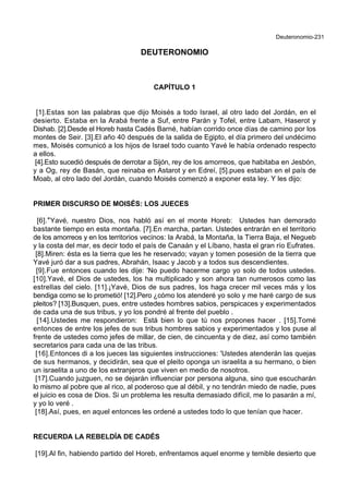 Deuteronomio-231
DEUTERONOMIO
CAPÍTULO 1
[1].Estas son las palabras que dijo Moisés a todo Israel, al otro lado del Jordán, en el
desierto. Estaba en la Arabá frente a Suf, entre Parán y Tofel, entre Labam, Haserot y
Dishab. [2].Desde el Horeb hasta Cadés Barné, habían corrido once días de camino por los
montes de Seir. [3].El año 40 después de la salida de Egipto, el día primero del undécimo
mes, Moisés comunicó a los hijos de Israel todo cuanto Yavé le había ordenado respecto
a ellos.
[4].Esto sucedió después de derrotar a Sijón, rey de los amorreos, que habitaba en Jesbón,
y a Og, rey de Basán, que reinaba en Astarot y en Edreí, [5].pues estaban en el país de
Moab, al otro lado del Jordán, cuando Moisés comenzó a exponer esta ley. Y les dijo:
PRIMER DISCURSO DE MOISÉS: LOS JUECES
[6].*Yavé, nuestro Dios, nos habló así en el monte Horeb: Ustedes han demorado
bastante tiempo en esta montaña. [7].En marcha, partan. Ustedes entrarán en el territorio
de los amorreos y en los territorios vecinos: la Arabá, la Montaña, la Tierra Baja, el Negueb
y la costa del mar, es decir todo el país de Canaán y el Líbano, hasta el gran río Eufrates.
[8].Miren: ésta es la tierra que les he reservado; vayan y tomen posesión de la tierra que
Yavé juró dar a sus padres, Abrahán, Isaac y Jacob y a todos sus descendientes.
[9].Fue entonces cuando les dije: 'No puedo hacerme cargo yo solo de todos ustedes.
[10].Yavé, el Dios de ustedes, los ha multiplicado y son ahora tan numerosos como las
estrellas del cielo. [11].¡Yavé, Dios de sus padres, los haga crecer mil veces más y los
bendiga como se lo prometió! [12].Pero ¿cómo los atenderé yo solo y me haré cargo de sus
pleitos? [13].Busquen, pues, entre ustedes hombres sabios, perspicaces y experimentados
de cada una de sus tribus, y yo los pondré al frente del pueblo .
[14].Ustedes me respondieron: Está bien lo que tú nos propones hacer . [15].Tomé
entonces de entre los jefes de sus tribus hombres sabios y experimentados y los puse al
frente de ustedes como jefes de millar, de cien, de cincuenta y de diez, así como también
secretarios para cada una de las tribus.
[16].Entonces di a los jueces las siguientes instrucciones: 'Ustedes atenderán las quejas
de sus hermanos, y decidirán, sea que el pleito oponga un israelita a su hermano, o bien
un israelita a uno de los extranjeros que viven en medio de nosotros.
[17].Cuando juzguen, no se dejarán influenciar por persona alguna, sino que escucharán
lo mismo al pobre que al rico, al poderoso que al débil, y no tendrán miedo de nadie, pues
el juicio es cosa de Dios. Si un problema les resulta demasiado difícil, me lo pasarán a mí,
y yo lo veré .
[18].Así, pues, en aquel entonces les ordené a ustedes todo lo que tenían que hacer.
RECUERDA LA REBELDÍA DE CADÉS
[19].Al fin, habiendo partido del Horeb, enfrentamos aquel enorme y temible desierto que
 