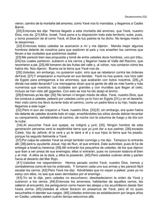 Deuteronomio-232
vieron, camino de la montaña del amorreo, como Yavé nos lo mandaba, y llegamos a Cadés
Barné.
[20].Entonces les dije: 'Hemos llegado a esta montaña del amorreo, que Yavé, nuestro
Dios, nos da. [21].Mira, Israel, Yavé pone a tu disposición todo este territorio; sube, pues,
y toma posesión de él como Yavé, el Dios de tus padres te ha dicho. No tengas miedo ni
te desanimes .
[22].Entonces todos ustedes se acercaron a mí y me dijeron: Manda mejor algunos
hombres delante de nosotros para que exploren el país y nos enseñen los caminos que
llevan a las ciudades que podremos asaltar .
[23].Me pareció bien esa propuesta y tomé de entre ustedes doce hombres, uno por tribu,
[24].los cuales partieron, subieron a los cerros y llegaron hasta el Valle del Racimo, que
recorrieron a pie. [25].Allí tomaron de las frutas del valle y, al volver, nos contaron cómo les
había ido. Nos dijeron: Buena es la tierra que Yavé nos da .
[26].Ustedes, sin embargo, no quisieron subir, sino que se rebelaron contra las órdenes
deYavé. [27].Y empezaron a murmurar en sus tiendas: Yavé no nos quiere; nos hizo salir
de Egipto para entregarnos a los amorreos, que acabarán con todos nosotros. [28].¿A
dónde nos están llevando? Los mensajeros dicen que la gente de allá es más fuerte y más
numerosa que nosotros; las ciudades son grandes y con murallas que llegan al cielo;
incluso se han visto allí gigantes. Con esto se nos ha ido abajo el ánimo .
[29].Entonces yo les dije: [30].'No teman ni tengan miedo de ellos. Yavé, nuestro Dios, que
los conduce a ustedes, peleará por ustedes como ya lo hizo en Egipto [31].y en el desierto.
Han visto cómo los llevó durante todo el camino, como un padre lleva a su hijo, hasta que
llegamos a este lugar .
[32].Pero ni aun así creyeron a Yavé, nuestro Dios. [33].El, sin embargo, era quien había
ido delante de ustedes durante todo el viaje, enseñándoles los sitios donde debían levantar
su campamento, señalándoles el camino, de noche con la columna de fuego y de día con
la nube.
[34].Al escuchar Yavé sus quejas, se indignó y juró: [35]. Ningún hombre de esta
generación perversa verá la espléndida tierra que yo juré dar a sus padres, [36].excepto
Caleb, hijo de Jefoné; él la verá y yo le daré a él y a sus hijos la tierra que ha pisado,
porque ha seguido fielmente a Yavé .
[37].Por culpa de ustedes Yavé se enojó también conmigo y me dijo: Tampoco tú entrarás
allí; [38].será tu ayudante Josué, hijo de Nun, el que entrará. Dale autoridad, pues él ha de
entregar a Israel su herencia. [39].Allí entrarán los pequeños de ustedes, de los que dijeron
que iban a ser presa de sus enemigos; ellos sí entrarán, pues no conocen todavía el bien
y el mal. A ellos se la daré, y ellos la poseerán. [40].Pero ustedes vuelvan atrás y partan
hacia el desierto del Mar Rojo .
[41].Ustedes me respondieron: Hemos pecado contra Yavé, nuestro Dios. Iremos y
combatiremos como él nos ha ordenado. Y tomaron cada uno sus armas y les pareció fácil
escalar los cerros. [42].Pero Yavé me dijo: Adviérteles que no vayan a pelear, pues yo no
estoy con ellos, no sea que sean derrotados por el enemigo .
[43].Yo se lo dije, pero ustedes no escucharon; desobedecieron la orden de Yavé y
subieron a los cerros. [44].Entonces los amorreos, habitantes de aquellos cerros, les
salieron al encuentro, los persiguieron como hacen las abejas y los acuchillaron desde Seir
hasta Jorma. [45].Ustedes al volver lloraron en presencia de Yavé, pero él no quiso
escucharlos ni atender sus ruegos. [46].Ustedes entonces se establecieron por largos años
en Cadés; ustedes saben cuánto tiempo estuvimos allá.
 