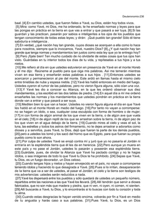 Deuteronomio-236
baal. [4].En cambio ustedes, que fueron fieles a Yavé, su Dios, están hoy todos vivos.
[5].Mira: como Yavé, mi Dios, me ha ordenado, te he enseñado normas y leyes para que
las pongas en práctica en la tierra en que vas a entrar y que pasará a ser tuya. [6].Si las
guardan y las practican, pasarán por sabios e inteligentes a los ojos de los pueblos que
tengan conocimiento de todas estas leyes; y dirán: ¡Qué pueblo tan grande! Sólo él tiene
sabiduría e inteligencia .
[7].En verdad, ¿qué nación hay tan grande, cuyos dioses se acerquen a ella como lo hace
para nosotros, siempre que lo invocamos, Yavé, nuestro Dios? [8].¿Y qué nación hay tan
grande que tenga normas y mandamientos tan justos como esta ley que yo te entrego hoy?
[9].Pero ¡fíjate bien! Ten mucho cuidado de no olvidarte de estas cosas que tus ojos han
visto. Guárdalas en tu interior todos los días de tu vida, y repíteselas a tus hijos y a tus
nietos.
[10].Me refiero al día en que ustedes estuvieron en presencia de Yavé en el monte Horeb
y él me dijo: Reúneme al pueblo para que oiga mis palabras. Así me temerán mientras
vivan en esa tierra y enseñarán estas palabras a sus hijos . [11].Entonces ustedes se
acercaron y permanecieron al pie del monte. Este ardió en llamas hasta el mismo cielo
entre tinieblas de nube y espesa niebla. [12].Yavé les habló entonces en medio del fuego.
Ustedes oyeron el rumor de las palabras, pero no vieron figura alguna, sólo oían una voz.
[13].Y Yavé les dio a conocer su Alianza, en la que les ordenó observar sus diez
mandamientos, y los escribió en las dos tablas de piedra. [14].En aquel día a mí me ordenó
enseñarles las normas y los mandamientos que ustedes pondrán en práctica en la tierra
donde van a entrar y que pasará a ser suya.
[15].Mediten bien lo que van a hacer. Ustedes no vieron figura alguna el día en que Yavé
les habló en el monte Horeb en medio del fuego. [16].Por tanto no vayan a corromperse:
no se hagan un ídolo, o sea, cualquier cosa esculpida con forma de hombre o de mujer;
[17].ni con forma de algún animal de los que viven en la tierra, o de algún ave que vuela
en el cielo; [18].ni de algún reptil de los que se arrastran sobre la tierra, ni de algún pez de
los que viven en el agua debajo de la tierra. [19].Cuando mires al cielo y veas el sol, la
luna, las estrellas y todos los astros del firmamento, no te dejes arrastrar a adorarlos como
dioses y a servirlos, pues Yavé, tu Dios, dejó que fueran la parte de los demás pueblos,
[20].pero a ustedes los tomó y los sacó del horno que es Egipto, para que fueran su propio
pueblo como lo son ahora.
[21].Por culpa de ustedes Yavé se enojó contra mí y juró que yo no pasaría el Jordán ni
entraría en la espléndida tierra que él les da en herencia. [22].Pero aunque yo muera en
este país y no pase el Jordán, ustedes lo pasarán y poseerán esa espléndida tierra.
[23].Guárdate, pues, de olvidar la Alianza que Yavé ha pactado contigo y no te hagas
ídolos, o sea imágenes de todo lo que Yavé tu Dios te ha prohibido. [24].Sepas que Yavé,
tu Dios, es un fuego devorador, un Dios celoso.
[25].Cuando tengas hijos y nietos y hayan envejecido en el país, no vayan a corromperse
teniendo ídolos y haciendo lo que desagrada a Yavé. [26].Pues si lo irritan, desaparecerán
de la tierra que va a ser de ustedes, al pasar el Jordán; el cielo y la tierra son testigos de
mis advertencias: ustedes serán reducidos a nada.
[27].Yavé los dispersará entre los pueblos y sólo quedará de ustedes un pequeño número,
repartidos entre las naciones a las que Yavé los llevará. [28].Allí tendrán que servir a dioses
fabricados, que no son más que madera y piedra, que ni ven, ni oyen, ni comen, ni sienten.
[29].Allí buscarás a Yavé, tu Dios, y lo encontrarás si lo buscas con todo tu corazón y toda
tu alma.
[30].Cuando estas desgracias te hayan venido encima, volverás por fin a Yavé en medio
de tu angustia y harás caso a sus palabras. [31].Pues Yavé, tu Dios, es un Dios
 