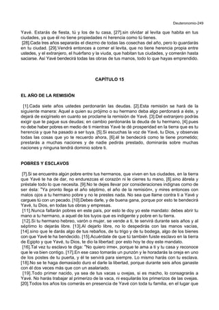 Deuteronomio-249
Yavé. Estarás de fiesta, tú y los de tu casa, [27].sin olvidar al levita que habita en tus
ciudades, ya que él no tiene propiedades ni herencia como tú tienes.
[28].Cada tres años separarás el diezmo de todas las cosechas del año, pero lo guardarás
en tu ciudad. [29].Vendrá entonces a comer el levita, que no tiene herencia propia entre
ustedes, y el extranjero, el huérfano y la viuda, que habitan tus ciudades, y comerán hasta
saciarse. Así Yavé bendecirá todas las obras de tus manos, todo lo que hayas emprendido.
CAPÍTULO 15
EL AÑO DE LA REMISIÓN
[1].Cada siete años ustedes perdonarán las deudas. [2].Esta remisión se hará de la
siguiente manera: Aquel a quien su prójimo o su hermano deba algo perdonará a éste, y
dejará de exigírselo en cuanto se proclame la remisión de Yavé. [3].Del extranjero podrás
exigir que te pague sus deudas; en cambio perdonarás la deuda de tu hermano, [4].pues
no debe haber pobres en medio de ti mientras Yavé te dé prosperidad en la tierra que es tu
herencia y que ha pasado a ser tuya. [5].Si escuchas la voz de Yavé, tu Dios, y observas
todas las cosas que yo te recuerdo ahora, [6].él te bendecirá como te tiene prometido;
prestarás a muchas naciones y de nadie pedirás prestado, dominarás sobre muchas
naciones y ninguna tendrá dominio sobre ti.
POBRES Y ESCLAVOS
[7].Si se encuentra algún pobre entre tus hermanos, que viven en tus ciudades, en la tierra
que Yavé te ha de dar, no endurezcas el corazón ni le cierres tu mano, [8].sino ábrela y
préstale todo lo que necesita. [9].No te dejes llevar por consideraciones indignas como de
ser ésta: *Ya pronto llega el año séptimo, el año de la remisión+, y mires entonces con
malos ojos a tu hermano pobre y no le prestes nada. No sea que llame contra ti a Yavé y
cargues tú con un pecado. [10].Debes darle, y de buena gana, porque por esto te bendecirá
Yavé, tu Dios, en todas tus obras y empresas.
[11].Nunca faltarán pobres en este país, por esto te doy yo este mandato: debes abrir tu
mano a tu hermano, a aquel de los tuyos que es indigente y pobre en tu tierra.
[12].Si tu hermano hebreo, varón o mujer, se vende a ti, te servirá durante seis años y al
séptimo lo dejarás libre. [13].Al dejarlo libre, no lo despedirás con las manos vacías,
[14].sino que le darás algo de tus rebaños, de tu trigo y de tu bodega, algo de los bienes
con que Yavé te ha bendecido. [15].Acuérdate de que tú también fuiste esclavo en la tierra
de Egipto y que Yavé, tu Dios, te dio la libertad: por esto hoy te doy este mandato.
[16].Tal vez tu esclavo te diga: *No quiero irme+, porque te ama a ti y tu casa y reconoce
que le va bien contigo. [17].En ese caso tomarás un punzón y le horadarás la oreja en uno
de los postes de tu puerta, y él te servirá para siempre. Lo mismo harás con tu esclava.
[18].No se te haga demasiado duro el darle la libertad, porque durante seis años ganaste
con él dos veces más que con un asalariado.
[19].Todo primer nacido, ya sea de tus vacas u ovejas, si es macho, lo consagrarás a
Yavé. No harás trabajar al primerizo de la vaca, ni esquilarás los primerizos de las ovejas.
[20].Todos los años los comerás en presencia de Yavé con toda tu familia, en el lugar que
 
