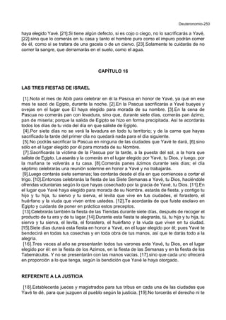 Deuteronomio-250
haya elegido Yavé. [21].Si tiene algún defecto, si es cojo o ciego, no lo sacrificarás a Yavé,
[22].sino que lo comerás en tu casa y tanto el hombre puro como el impuro podrán comer
de él, como si se tratara de una gacela o de un ciervo. [23].Solamente te cuidarás de no
comer la sangre, que derramarás en el suelo, como el agua.
CAPÍTULO 16
LAS TRES FIESTAS DE ISRAEL
[1].Nota el mes de Abib para celebrar en él la Pascua en honor de Yavé, ya que en ese
mes te sacó de Egipto, durante la noche. [2].En la Pascua sacrificarás a Yavé bueyes y
ovejas en el lugar que El haya elegido para morada de su nombre. [3].En la cena de
Pascua no comerás pan con levadura, sino que, durante siete días, comerás pan ázimo,
pan de miseria; porque la salida de Egipto se hizo en forma precipitada. Así te acordarás
todos los días de tu vida del día en que saliste de Egipto.
[4].Por siete días no se verá la levadura en todo tu territorio; y de la carne que hayas
sacrificado la tarde del primer día no quedará nada para el día siguiente.
[5].No podrás sacrificar la Pascua en ninguna de las ciudades que Yavé te dará, [6].sino
sólo en el lugar elegido por él para morada de su Nombre.
[7].Sacrificarás la víctima de la Pascua por la tarde, a la puesta del sol, a la hora que
saliste de Egipto. La asarás y la comerás en el lugar elegido por Yavé, tu Dios, y luego, por
la mañana te volverás a tu casa. [8].Comerás panes ázimos durante seis días; el día
séptimo celebrarás una reunión solemne en honor a Yavé y no trabajarás.
[9].Luego contarás siete semanas; las contarás desde el día en que comiences a cortar el
trigo. [10].Entonces celebrarás la fiesta de las Siete Semanas a Yavé, tu Dios, haciéndole
ofrendas voluntarias según lo que hayas cosechado por la gracia de Yavé, tu Dios. [11].En
el lugar que Yavé haya elegido para morada de su Nombre, estarás de fiesta, y contigo tu
hijo y tu hija, tu siervo y tu sierva, el levita que vive en tus ciudades, el forastero, el
huérfano y la viuda que viven entre ustedes. [12].Te acordarás de que fuiste esclavo en
Egipto y cuidarás de poner en práctica estos preceptos.
[13].Celebrarás también la fiesta de las Tiendas durante siete días, después de recoger el
producto de tu era y de tu lagar.[14].Durante esta fiesta te alegrarás, tú, tu hijo y tu hija, tu
siervo y tu sierva, el levita, el forastero, el huérfano y la viuda que viven en tu ciudad.
[15].Siete días durará esta fiesta en honor a Yavé, en el lugar elegido por él; pues Yavé te
bendecirá en todas tus cosechas y en toda obra de tus manos, así que te darás todo a la
alegría.
[16].Tres veces al año se presentarán todos tus varones ante Yavé, tu Dios, en el lugar
elegido por él: en la fiesta de los Azimos, en la fiesta de las Semanas y en la fiesta de los
Tabernáculos. Y no se presentarán con las manos vacías, [17].sino que cada uno ofrecerá
en proporción a lo que tenga, según la bendición que Yavé le haya otorgado.
REFERENTE A LA JUSTICIA
[18].Establecerás jueces y magistrados para tus tribus en cada una de las ciudades que
Yavé te dé, para que juzguen al pueblo según la justicia. [19].No torcerás el derecho ni te
 