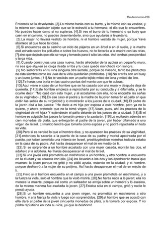 Deuteronomio-256
Entonces se lo devolverás. [3].Lo mismo harás con su burro, y lo mismo con su vestido, y
lo mismo con cualquier objeto que se le extravió a tu hermano, el día que lo encuentres.
No puedes hacer como si no supieras. [4].Si ves el burro de tu hermano o su buey que
caen en el camino, no puedes desentenderte, sino que ayudarás a levantarlo.
[5].La mujer no llevará vestido de hombre, ni el hombre vestido de mujer, porque Yavé
aborrece al que hace tal cosa.
[6].Si encuentras en tu camino un nido de pájaros en un árbol o en el suelo, y la madre
está echada sobre los polluelos o sobre los huevos, no te llevarás a la madre con las crías,
[7].sino que dejarás que ella se vaya y tomarás para ti sólo las crías. Así tendrás prosperidad
y larga vida.
[8].Cuando construyas una casa nueva, harás alrededor de la azotea un pequeño muro,
no sea que alguien se caiga desde arriba y tu casa quede manchada con sangre.
[9].No sembrarás en tu viña ninguna otra semilla, porque de hacerlo, tanto los productos
de esta siembra como las uvas de tu viña quedarían prohibidos. [10].No ararás con un buey
y un burro juntos. [11].No te vestirás con un paño tejido mitad de lana y mitad de lino.
[12].Te harás una borla en las cuatro puntas del manto con que te cubras.
[13].Aquí viene el caso de un hombre que se ha casado con una mujer y después deja de
quererla. [14].Este hombre empieza a reprocharla por su conducta y a difamarla, y se le
ocurre decir: *Me casé con esta mujer, y al acostarme con ella, no le encontré las señas
de su virginidad+. [15].En ese caso el padre y la madre de la joven tomarán el paño en que
están las señas de su virginidad y lo mostrarán a los jueces de la ciudad. [16].El padre de
la joven dirá a los jueces: *He dado a mi hija por esposa a este hombre, pero ya no la
quiere, y ahora pretende que no la tomó virgen. [17].Vean, pues, ahí las pruebas de la
virginidad de mi hija.+ Y extenderán el paño delante de los jueces de la ciudad. [18].Si el
hombre es culpable, los jueces lo tomarán preso y lo azotarán. [19].Lo multarán además en
cien monedas de plata, que entregarán al padre de la joven, por haber difamado a una
virgen de Israel. El marido tendrá que tomarla como esposa y no podrá repudiarla en toda
su vida.
[20].Pero si es verdad lo que el hombre dice, y no aparecen las pruebas de su virginidad,
[21].entonces la sacarás a la puerta de la casa de su padre y morirá apedreada por el
pueblo, por haber cometido una infamia en Israel, prostituyéndose mientras todavía estaba
en la casa de su padre. Así harás desaparecer el mal de en medio de ti.
[22].Si se sorprende a un hombre acostado con una mujer casada, morirán los dos, el
adúltero y la adúltera. Así harás desaparecer el mal de Israel.
[23].Si una joven está prometida en matrimonio a un hombre, y otro hombre la encuentra
en la ciudad y se acuesta con ella, [24].los llevarán a los dos y los apedrearán hasta que
mueran: la joven porque no gritó y no pidió ayuda, estando en la ciudad, y el hombre,
porque deshonró a la mujer de su prójimo. Así harás desaparecer el mal de en medio de
ti.
[25].Pero si el hombre encuentra en el campo a una joven prometida en matrimonio, y a
la fuerza la viola, sólo el hombre que la violó morirá. [26].No harás nada a la joven; ella no
merece la muerte, porque así como un salteador se arroja sobre un hombre y lo asesina,
de la misma manera fue asaltada la joven. [27].Estaba sola en el campo, gritó y nadie le
prestó ayuda.
[28].Si un hombre encuentra a una joven virgen, no prometida en matrimonio a otro
hombre, y a la fuerza la viola y luego son sorprendidos, [29].el hombre que se acostó con
ella dará al padre de la joven cincuenta monedas de plata, y la tomará por esposa. Y no
podrá repudiarla en toda su vida, ya que la deshonró.
 