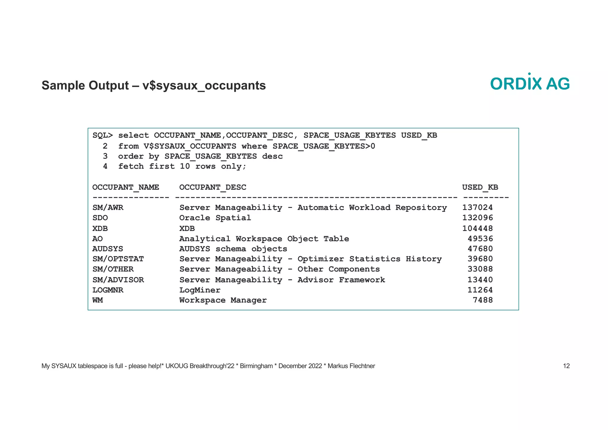 My SYSAUX tablespace is full - please help!* UKOUG Breakthrough'22 * Birmingham * December 2022 * Markus Flechtner 12
Sample Output – v$sysaux_occupants
SQL> select OCCUPANT_NAME,OCCUPANT_DESC, SPACE_USAGE_KBYTES USED_KB
2 from V$SYSAUX_OCCUPANTS where SPACE_USAGE_KBYTES>0
3 order by SPACE_USAGE_KBYTES desc
4 fetch first 10 rows only;
OCCUPANT_NAME OCCUPANT_DESC USED_KB
--------------- ------------------------------------------------------- ---------
SM/AWR Server Manageability - Automatic Workload Repository 137024
SDO Oracle Spatial 132096
XDB XDB 104448
AO Analytical Workspace Object Table 49536
AUDSYS AUDSYS schema objects 47680
SM/OPTSTAT Server Manageability - Optimizer Statistics History 39680
SM/OTHER Server Manageability - Other Components 33088
SM/ADVISOR Server Manageability - Advisor Framework 13440
LOGMNR LogMiner 11264
WM Workspace Manager 7488
 