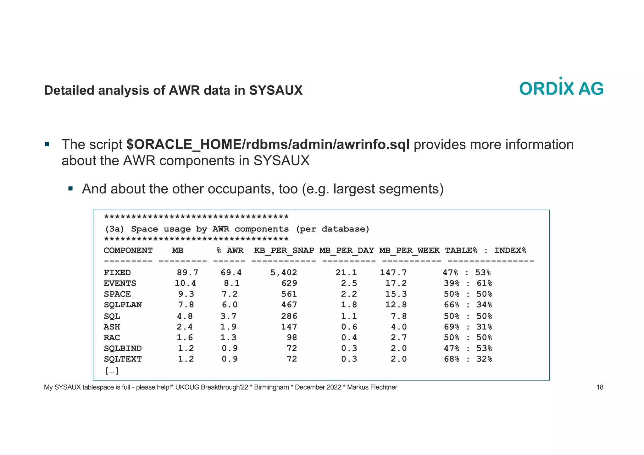 My SYSAUX tablespace is full - please help!* UKOUG Breakthrough'22 * Birmingham * December 2022 * Markus Flechtner 18
Detailed analysis of AWR data in SYSAUX
§ The script $ORACLE_HOME/rdbms/admin/awrinfo.sql provides more information
about the AWR components in SYSAUX
§ And about the other occupants, too (e.g. largest segments)
**********************************
(3a) Space usage by AWR components (per database)
**********************************
COMPONENT MB % AWR KB_PER_SNAP MB_PER_DAY MB_PER_WEEK TABLE% : INDEX%
--------- --------- ------ ------------ ---------- ----------- ----------------
FIXED 89.7 69.4 5,402 21.1 147.7 47% : 53%
EVENTS 10.4 8.1 629 2.5 17.2 39% : 61%
SPACE 9.3 7.2 561 2.2 15.3 50% : 50%
SQLPLAN 7.8 6.0 467 1.8 12.8 66% : 34%
SQL 4.8 3.7 286 1.1 7.8 50% : 50%
ASH 2.4 1.9 147 0.6 4.0 69% : 31%
RAC 1.6 1.3 98 0.4 2.7 50% : 50%
SQLBIND 1.2 0.9 72 0.3 2.0 47% : 53%
SQLTEXT 1.2 0.9 72 0.3 2.0 68% : 32%
[…]
 