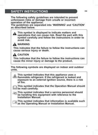 3
SAFETY INSTRUCTIONS EN
The following safety guidelines are intended to prevent
unforeseen risks or damage from unsafe or incorrect
operation of the appliance.
The guidelines are separated into ‘WARNING’ and ‘CAUTION’
as described below.
This symbol is displayed to indicate matters and
operations that can cause risk. Read the part with this
symbol carefully and follow the instructions in order to
avoid risk.
WARNING
This indicates that the failure to follow the instructions can
cause serious injury or death.
CAUTION
This indicates that the failure to follow the instructions can
cause the minor injury or damage to the product.
The following symbols are displayed on indoor and outdoor
units.
This symbol indicates that this appliance uses a
flammable refrigerant. If the refrigerant is leaked and
exposure to an external ignition source, there is a risk
of fire.
This symbol indicates that the Operation Manual should
be read carefully.
This symbol indicates that a service personnel should
be handling this equipment with reference to the
Installation Manual.
This symbol indicates that information is available such
as the Operating Manual or Installation Manual.
 