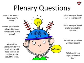 Plenary Questions
What if we hadn’t
done today’s
lesson?
What if you weren’t
allowed to know
what we’ve learnt
today?

What other
vocabulary do you
think you would
need to learn to
be able to talk
about this topic?

What have you found
easy in this lesson?

What have you found
challenging in this
lesson?

What have you done
well this lesson?

What could you
improve on next
time?

 