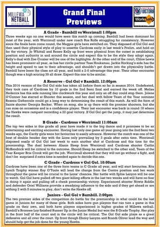 A Grade - Bambill vsWerrimull 1:00pm
Three weeks ago no one would have seen this match up coming. Bambill had been dominant for
most of the year, with Werrimull under new coach Ros Rolfe struggling for consistency. However
since the finals have come round, the Magpie girls have switched on. They disposed of Gol Gol and
then used their physical style of play to unsettle Cardross early in last week’s Prelim, and hold on
for the victory. Jo Whittall and Renee Kelly up front were physical from the outset in establishing
position and authority in and around the circle and expect this to be the style they adopt again.
Kelly’s dual with Zoe Crozier will be one of the highlights. At the other end of the court, Chloe Lewis
has been prominent all year, as has her circle partner Tess Houkamau. Jackie Horking’s side has the
height and speed to use to their advantage, and shouldn’t get drawn into the physicality battle.
Bambill have been the class act all year, and hold a 2-0 advantage this year. Their other encounter
though was a high scoring 39 all draw. Expect this one to be similar.
A Reserve - Gol Gol v Bambill. 12:00pm
This 2014 version of the Gol Gol side has taken all before them so far in season 2014. Undefeated,
they took care of Cardross by 10 goals in the 2nd Semi final and earned the week off. Melisa
Hederics has this side running like clockwork this year and only an off day could stop them. Jolene
O’Conner has starred at Shooter this season, and her duel with fellow Team of the Year nominee
Roanna Gathercole could go a long way to determining the result of this match. As will the form of
Saints shooter Georgia Becker. When on song, she is up there with the premier shooters, but she
can miss on occasions and is a confidence player. Their last encounter was back in round 18 where
the Hawks were rampant recording a 22 goal victory. If Gol Gol get the jump, it may just determine
the result.
B Grade - Cardross vWerrimull 11:00am
The top two sides in this grade all year have made it to the big dance and it promises to be an
entertaining and exciting encounter. Having lost only one game all year going into the 2nd Semi two
weeks ago, the Cardy girls were hot favourites to easily advance. However the match was one of the
best of double header day with the Lions only prevailing by 3 goals after extra time. Werrimull
disposed easily of Gol Gol last week to earn another shot at Cardross and this time for the
premiership. The duel between Alanie Sleep from Werrimull and Cardross shooter Caitlin
McKendrick will be critical to the outcome. Should Sleep be switched to the other end, Team of the
Year Keeper Brie Crook will get the job. Werrimull showed that they will not go without a fight, and
don’t be surprised if extra time is needed again to decide this one.
C Grade - Cardross v Gol Gol. 10:00am
Cardross have been one of the three form teams in C Grade all year, and will start favourites. Rita
Lynch Trophy winner Kay O’Toole will lead the charge from the Centre position and her work
throughout the game will be crucial to the Lions’ chances. Her battle with Sphie Lanyon will be one
to watch. Gol Gol have pulled off two giant killing efforts in the last two weeks and will have no fear
in doing it again and pulling off a cheek premiership victory. Experienced shooter Nowie Biddle
and defender Oriel Williams provide a steadying influence to the side and if they get ahead or are
withing 2 with 5 minutes to play, don’t write the Hawks off.
Juniors - Gol Gol v Bambill. 2:00pm
The two premier sides of the competition do battle for the premiership in what could be the last
game in Juniors for many of these girls. Both sides have gun players that can turn a game in this
grade on their own, and both have players experienced in higher grades of Millewa netball.
Bambill’s Bronnee Loy finished Runner Up in the Junior Medal but won the B Grade Trophy. Her play
in the front half of the court and in the circle will be critical. The Gol Gol side plays as a great
defensive unit all over the court. Up front though Ebony Lanyon and Brandi Oliver lead the way and
should help get the job done for the young Hawks.
Grand FinalGrand FinalGrand Final
PreviewsPreviewsPreviews
 