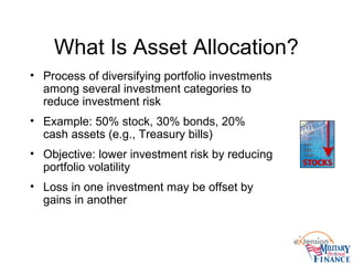 What Is Asset Allocation?
• Process of diversifying portfolio investments
among several investment categories to
reduce investment risk
• Example: 50% stock, 30% bonds, 20%
cash assets (e.g., Treasury bills)
• Objective: lower investment risk by reducing
portfolio volatility
• Loss in one investment may be offset by
gains in another
 