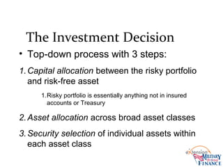 The Investment Decision
• Top-down process with 3 steps:
1.Capital allocation between the risky portfolio
and risk-free asset
1.Risky portfolio is essentially anything not in insured
accounts or Treasury
2.Asset allocation across broad asset classes
3.Security selection of individual assets within
each asset class
 