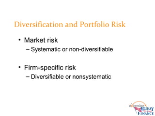 Diversification and Portfolio Risk
• Market risk
– Systematic or non-diversifiable
• Firm-specific risk
– Diversifiable or nonsystematic
 