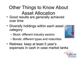 Other Things to Know About
Asset Allocation
• Good results are generally achieved
over time
• Diversify holdings within each asset
category
– Stock: different industry sectors
– Bonds: different types and maturities
• Retirees: keep at least 5 year’s
expenses in cash in case market tanks
 