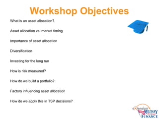 Workshop Objectives
1. What is an asset allocation?
2. Asset allocation vs. market timing
3. Importance of asset allocation
4. Diversification
5. Investing for the long run
6. How is risk measured?
7. How do we build a portfolio?
8. Factors influencing asset allocation
9. How do we apply this in TSP decisions?
 