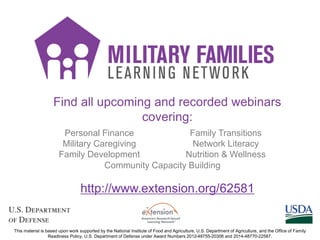 Find all upcoming and recorded webinars
covering:
http://www.extension.org/62581
Personal Finance
Military Caregiving
Fami...