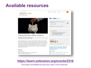 Available resources
https://learn.extension.org/events/2316
Find slides and additional resources under ‘event materials’
 