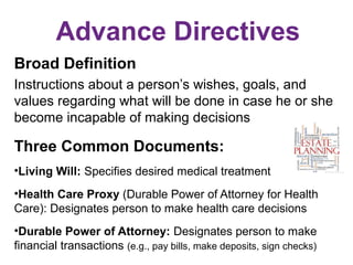 Advance Directives
Broad Definition
Instructions about a person’s wishes, goals, and
values regarding what will be done in...
