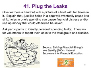41. Plug the Leaks
Give learners a handout with a picture of a boat with ten holes in
it. Explain that, just like holes in a boat will eventually cause it to
sink, holes in one’s spending can cause financial distress and/or
use up money that could otherwise be saved.
Ask participants to identify personal spending leaks. Then ask
for volunteers to report their leaks to the total group and discuss.
60
Source: Building Financial Strength
and Stability (2004). National
Endowment for Financial Education.
 