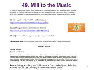 49. Mill to the Music
70
Source: Building Your Programs 20 Minutes at a Time: Leadership and Reflection
Activities You Can Use, University of Minnesota Extension (2010).
 