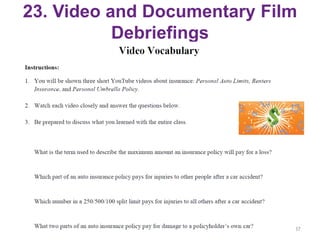 23. Video and Documentary Film
Debriefings
• There are HUNDREDS of curated videos to
choose from on the video list
37
 