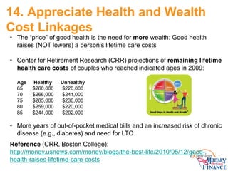 14. Appreciate Health and Wealth Cost Linkages 
• 
The “price” of good health is the need for more wealth: Good health rai...