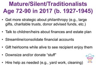 Mature/Silent/Traditionalists
Age 72-90 in 2017 (b. 1927-1945)
• Get more strategic about philanthropy (e.g., large
gifts, charitable trusts, donor advised funds, etc.)
• Talk to children/heirs about finances and estate plan
• Streamline/consolidate financial accounts
• Gift heirlooms while alive to see recipient enjoy them
• Downsize and/or donate “stuff”
• Hire help as needed (e.g., yard work, cleaning)
 
