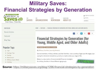 Military Saves:
Financial Strategies by Generation
Source: https://militarysaves.org/blog/1296-financial-strategies-by-generation
 