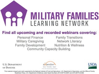 61This material is based upon work supported by the National Institute of Food and Agriculture, U.S. Department of Agriculture, and the Office of Family
Readiness Policy, U.S. Department of Defense under Award Numbers 2014-48770-22587 and 2015-48770-24368.
 