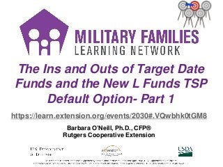 The Ins and Outs of Target Date
Funds and the New L Funds TSP
Default Option- Part 1
https://learn.extension.org/events/2030#.VQwbhk0tGM8
Barbara O’Neill, Ph.D., CFP®
Rutgers Cooperative Extension
 